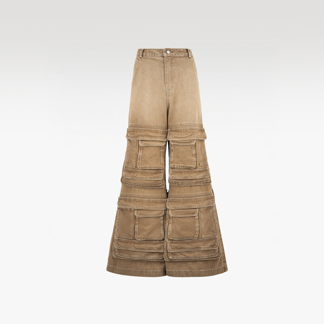 Dune Stack Cargo Pants | 3D Multi-Pocket Wide Leg Denim - Vintage Sand Wash High-Utility Streetwear