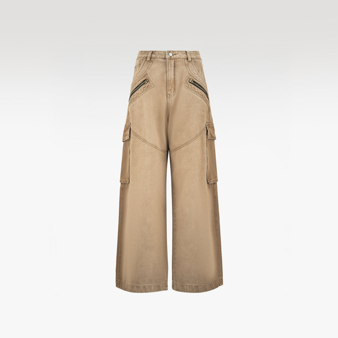 Dune Tact Zip Cargo Pants | Tactical Multi-Pocket Wide Leg Denim - Vintage Sand Wash Earth Tone Techwear