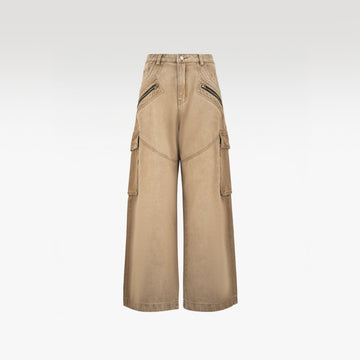 Dune Tact Zip Cargo Pants | Tactical Multi-Pocket Wide Leg Denim - Vintage Sand Wash Earth Tone Techwear