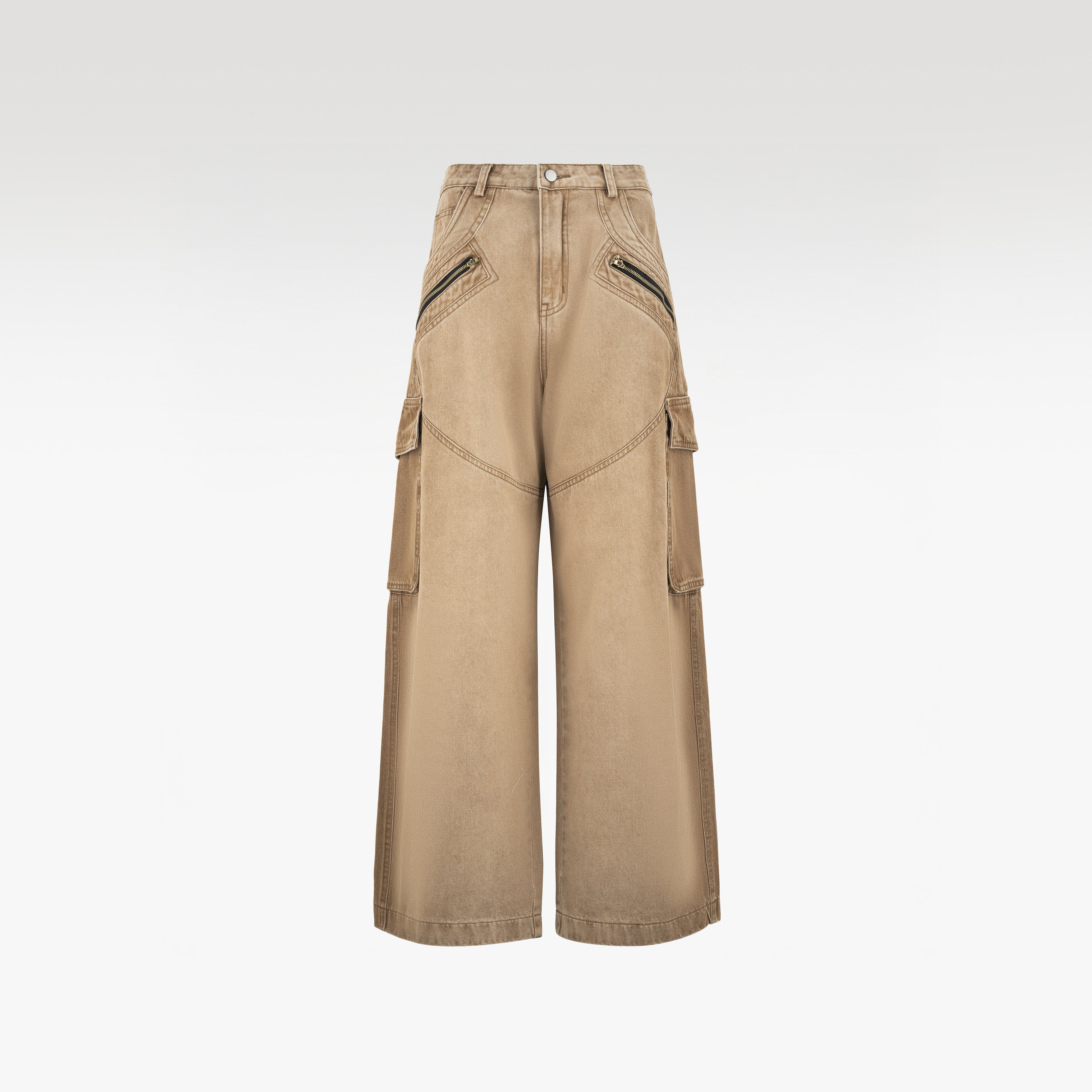 Dune Tact Zip Cargo Pants | Tactical Multi-Pocket Wide Leg Denim - Vintage Sand Wash Earth Tone Techwear
