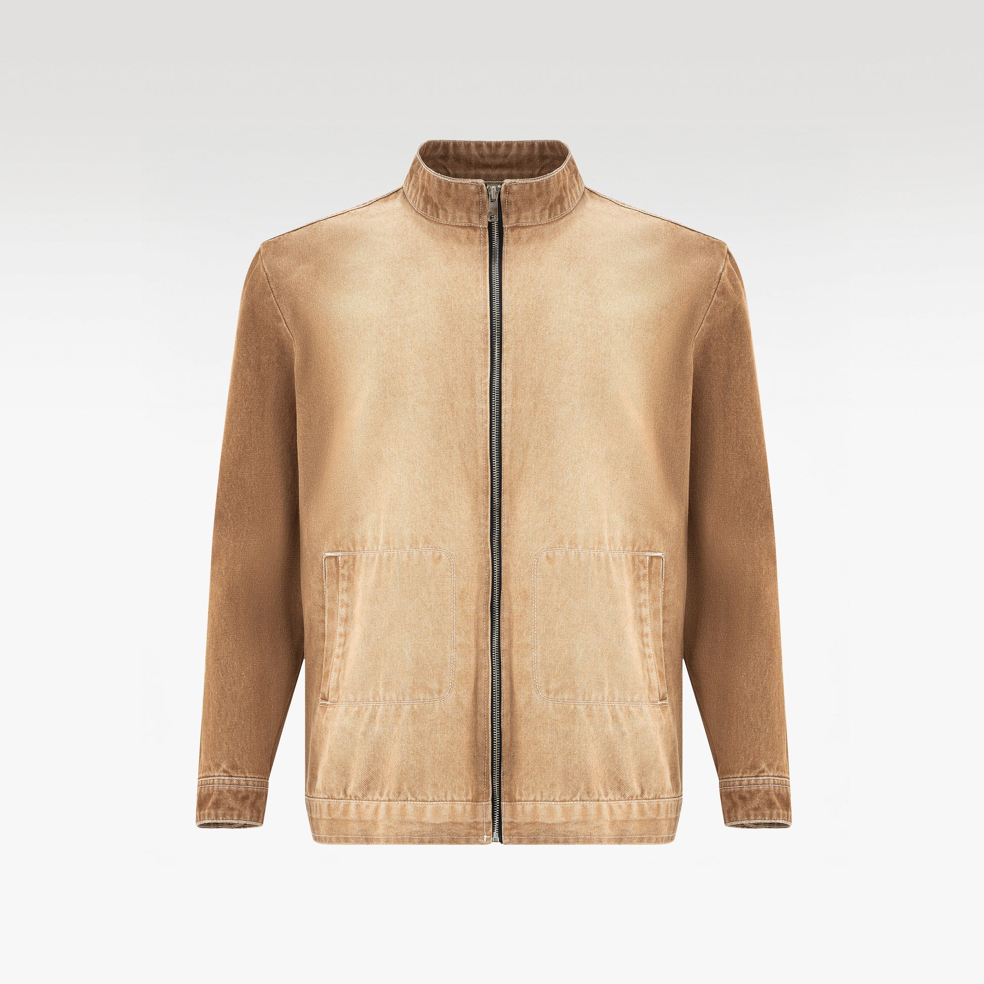 Dune Zip Denim Jacket | Vintage Sand Wash Mock Neck - Premium Heavyweight Slim-Fit Earth Tone Outerwear