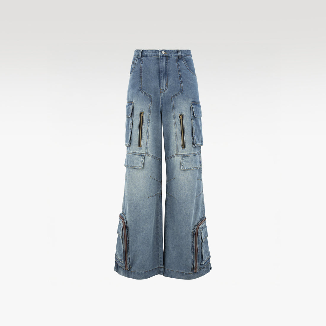 Fade Multi Zip Cargo Pants | Heavyweight Wide Leg Denim - Vintage Indigo Fade Multi-Pocket Streetwear