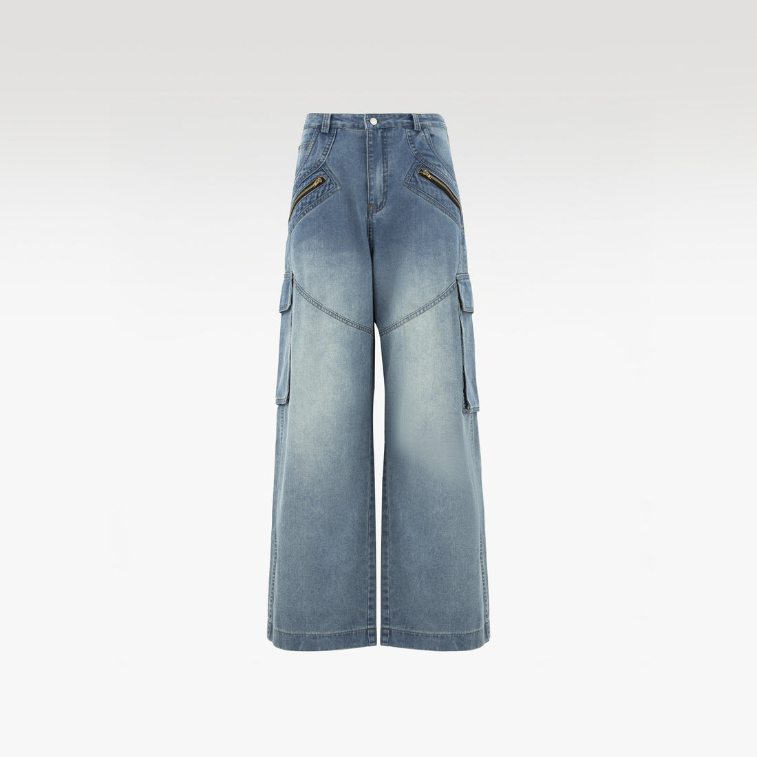 Fade Tact Zip Cargo Pants | Tactical Multi-Pocket Wide Leg Denim - Vintage Indigo Fade Urban Techwear