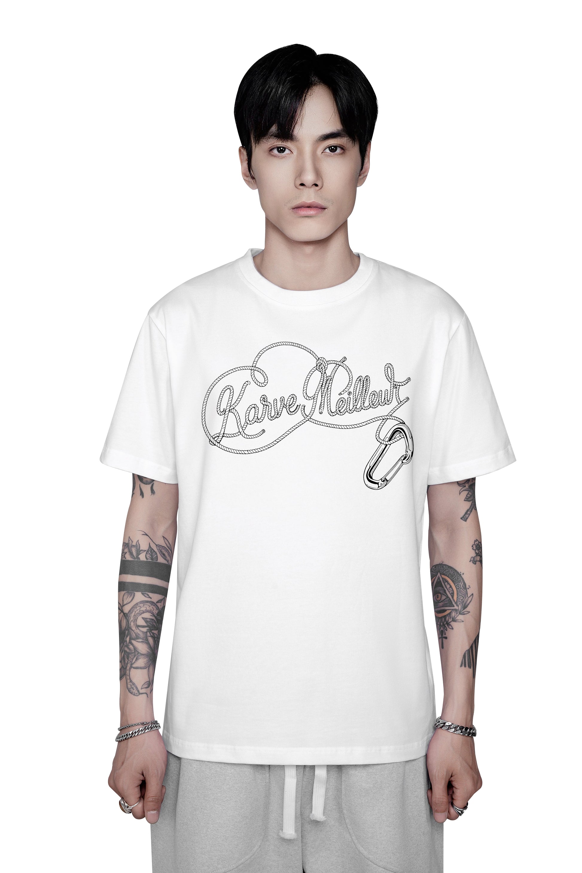 Iron Knot Slim Fit T-Shirt | Premium Cotton Graphic Tee - Technical Rope & Carabiner White Streetwear Top