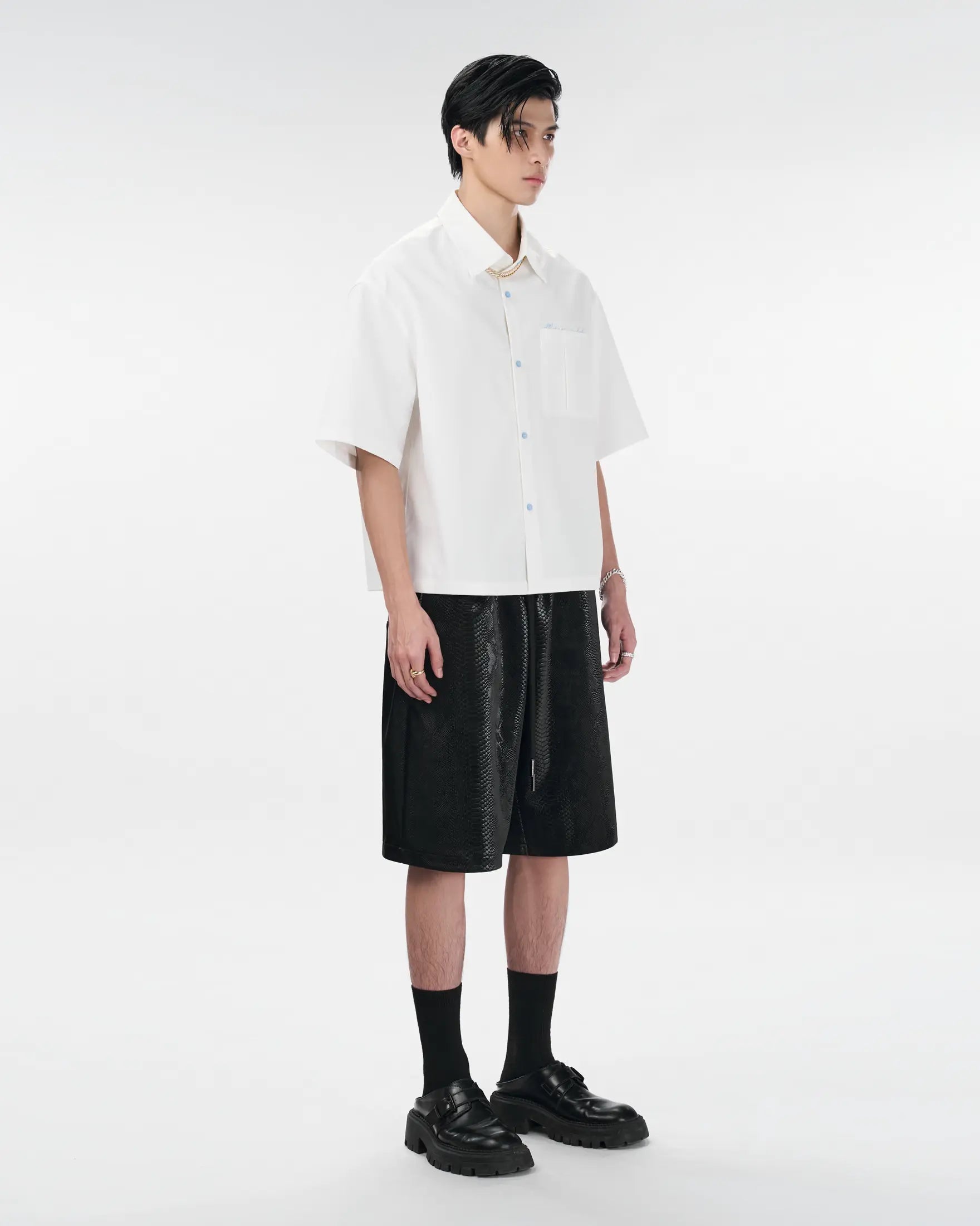 Cross Leather Shorts | Black Pythonskin Embossed Faux Leather Streetwear