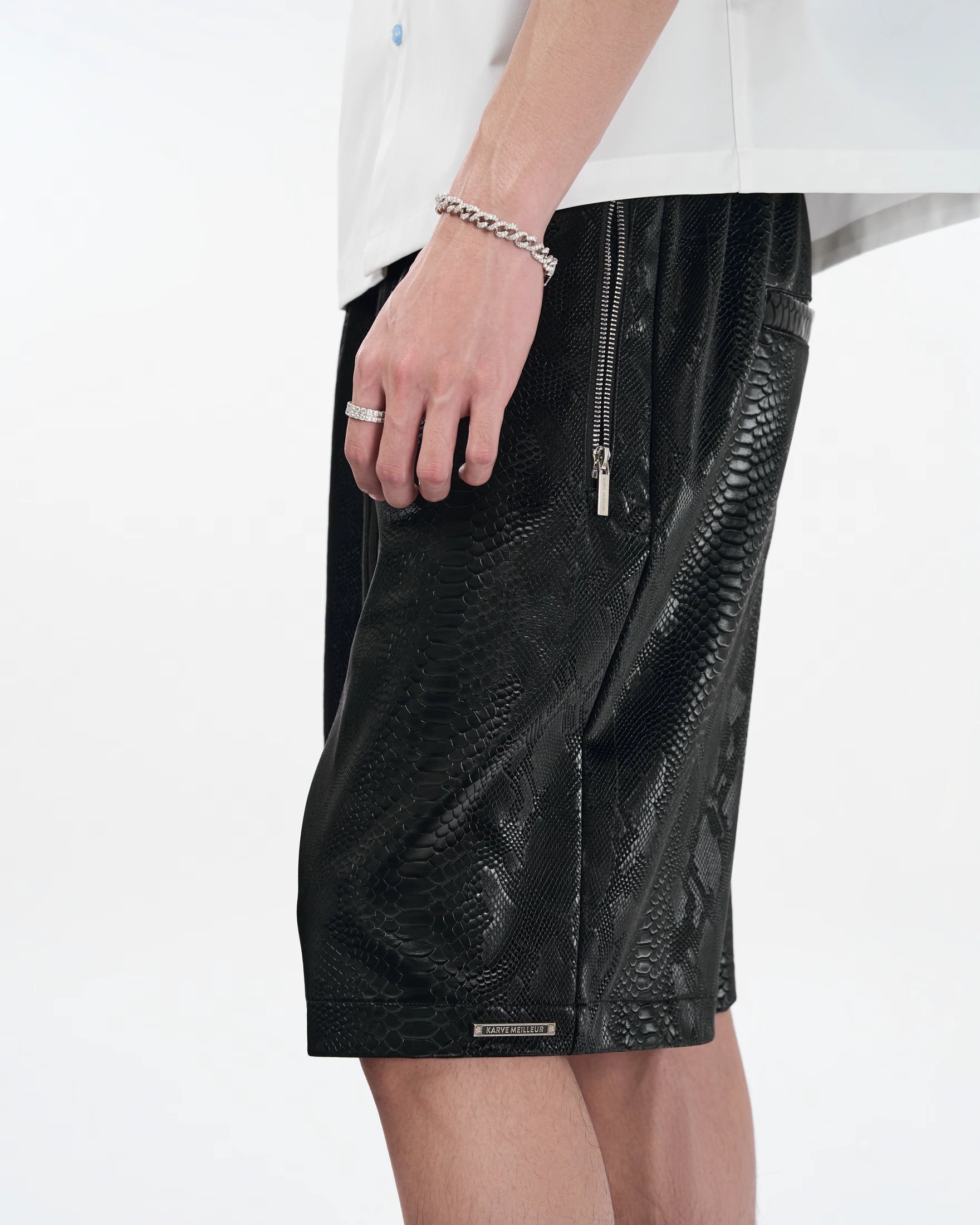 Cross Leather Shorts | Black Pythonskin Embossed Faux Leather Streetwear