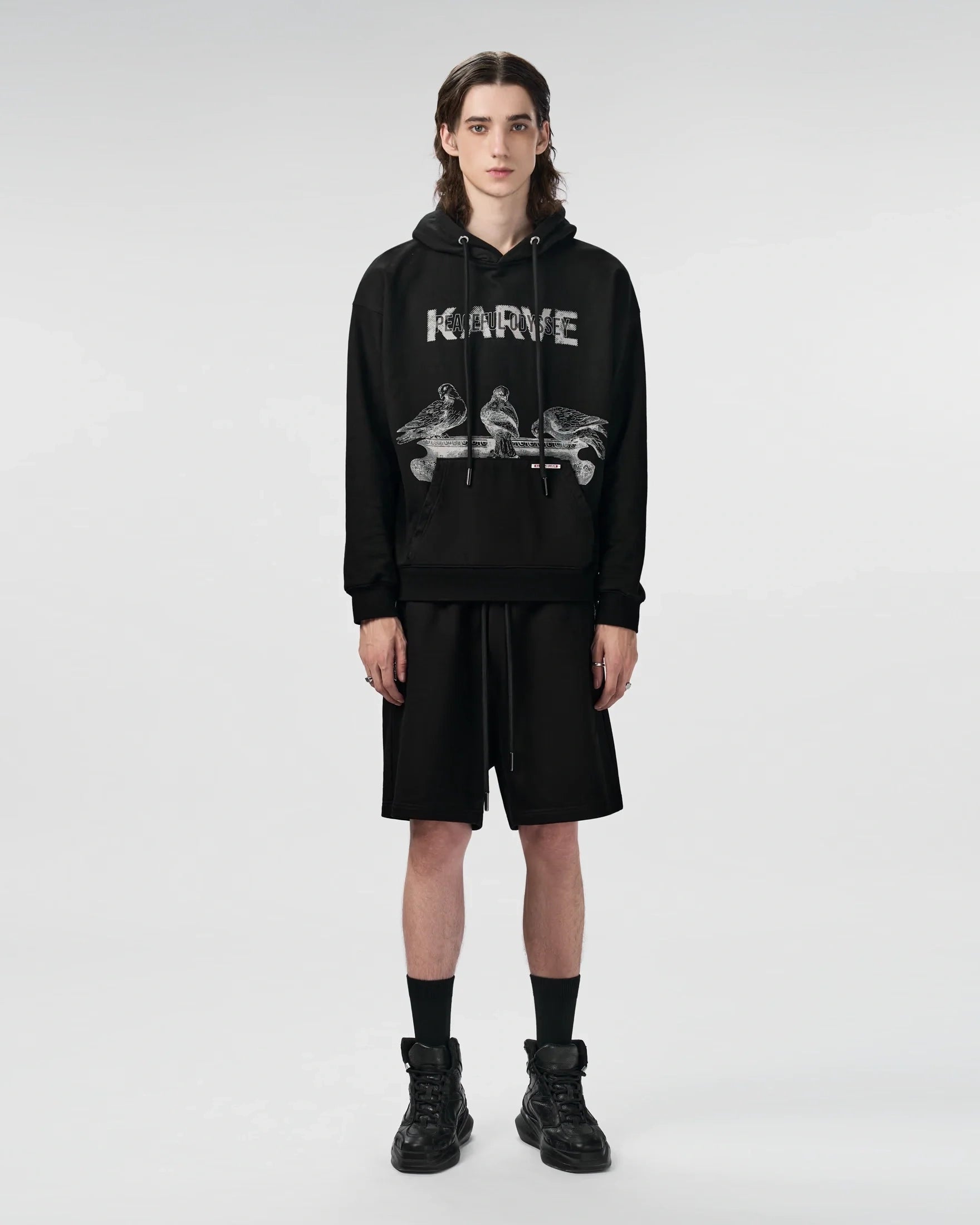 Pigeon Karve Hoodie | Urban Edge Relaxed Fit Graphic Print Cotton Fleece