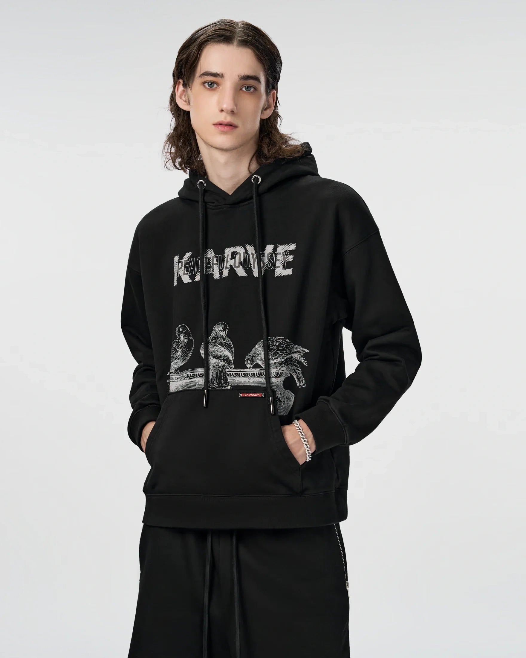 Pigeon Karve Hoodie | Urban Edge Relaxed Fit Graphic Print Cotton Fleece
