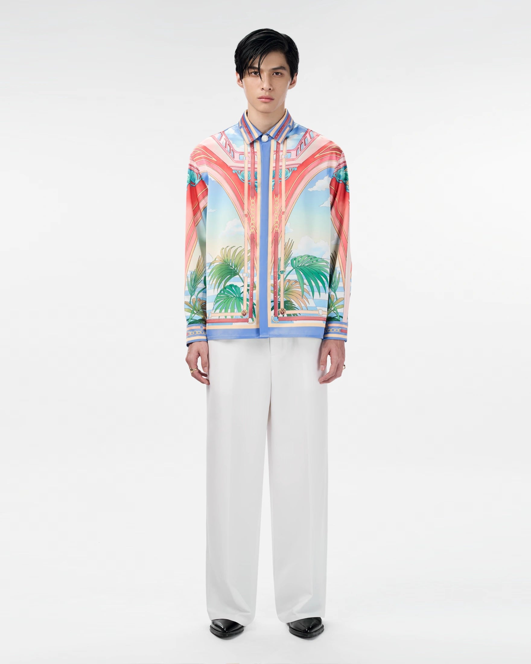 Paysage Long-Sleeved Silk Shirt | Premium Printed Silk Taffeta Cuban Collar Baroque Utopia Oasis Artwork