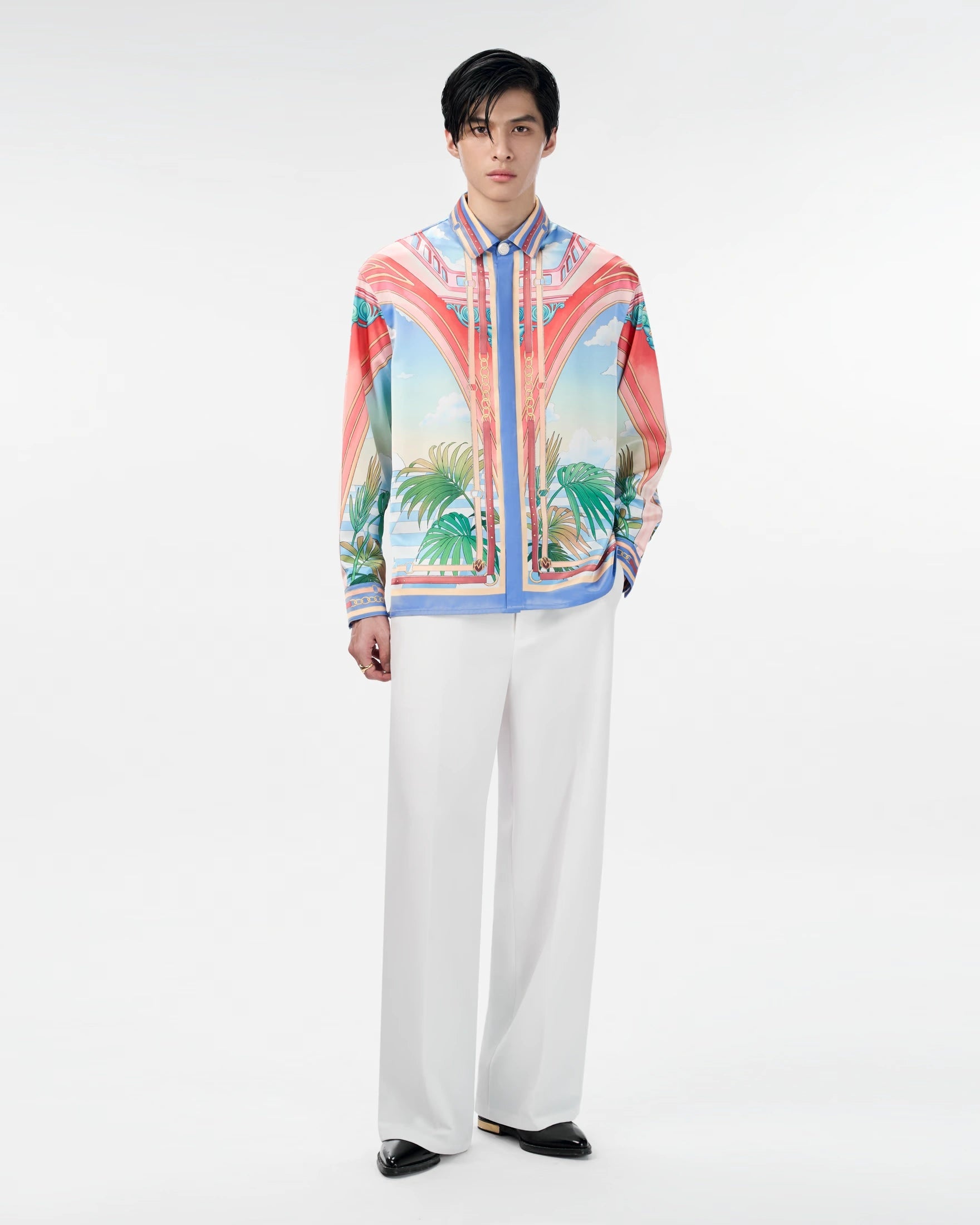 Paysage Long-Sleeved Silk Shirt | Premium Printed Silk Taffeta Cuban Collar Baroque Utopia Oasis Artwork