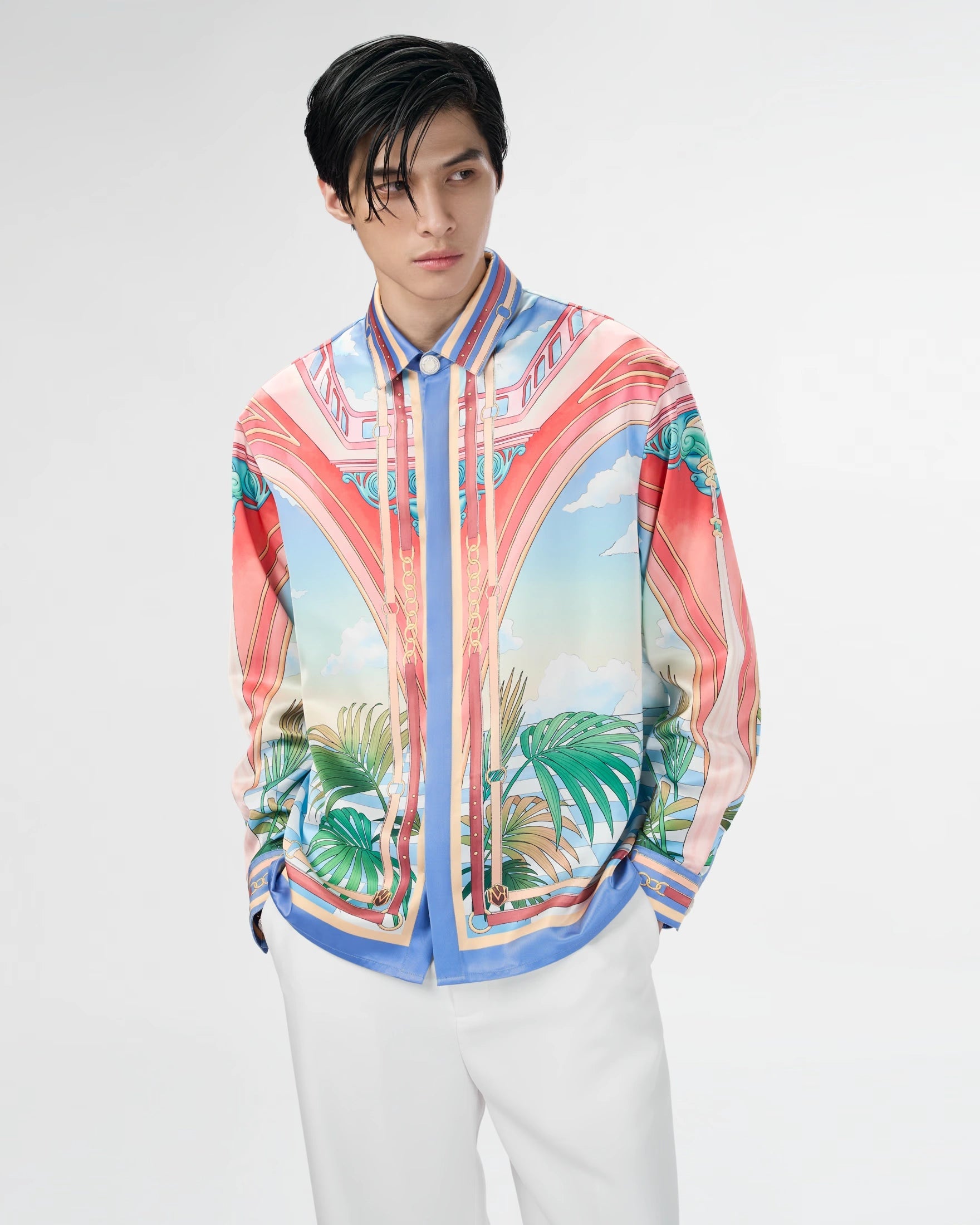 Paysage Long-Sleeved Silk Shirt | Premium Printed Silk Taffeta Cuban Collar Baroque Utopia Oasis Artwork