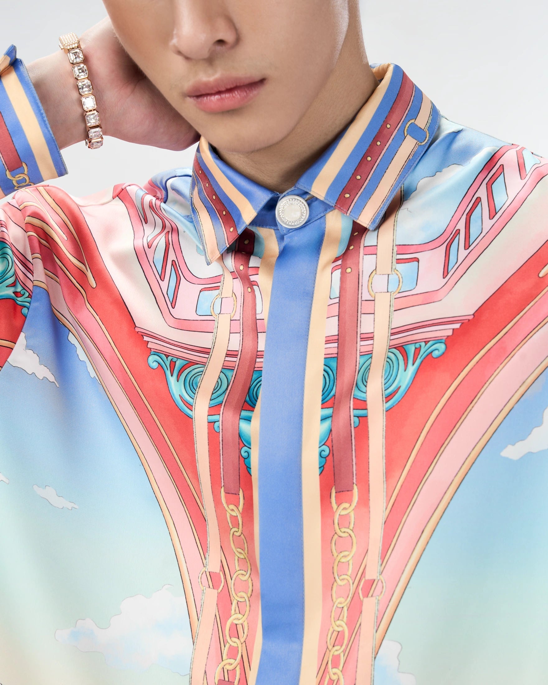Paysage Long-Sleeved Silk Shirt | Premium Printed Silk Taffeta Cuban Collar Baroque Utopia Oasis Artwork