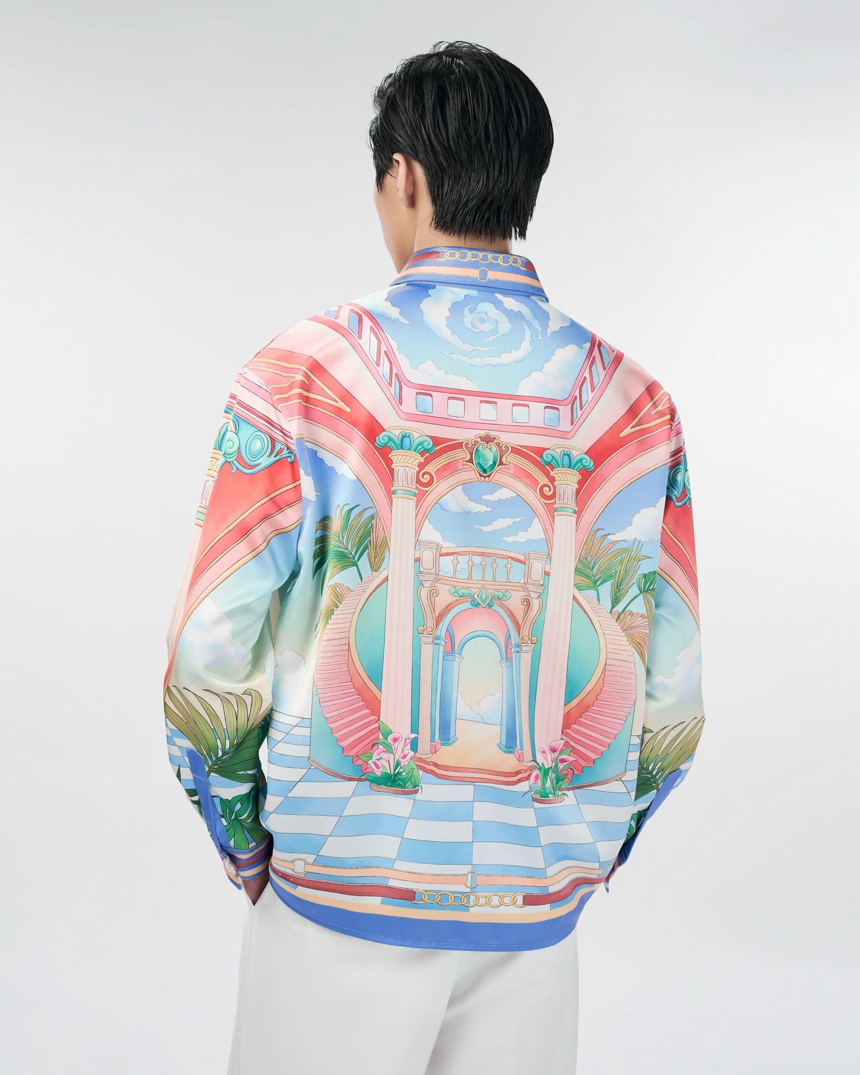 Paysage Long-Sleeved Silk Shirt | Premium Printed Silk Taffeta Cuban Collar Baroque Utopia Oasis Artwork