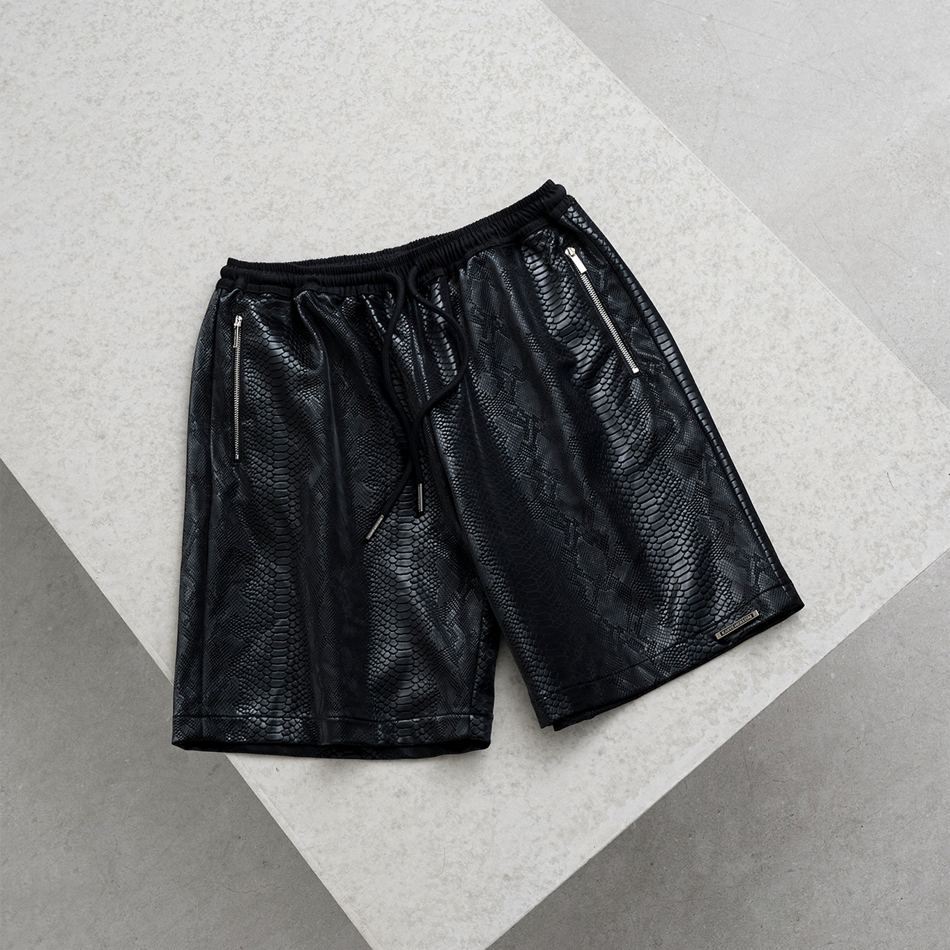 Cross Leather Shorts | Black Pythonskin Embossed Faux Leather Streetwear