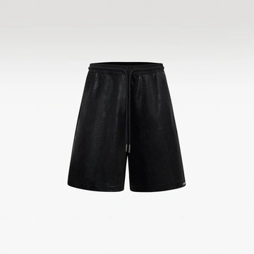 Cross Leather Shorts | Black Pythonskin Embossed Faux Leather Streetwear