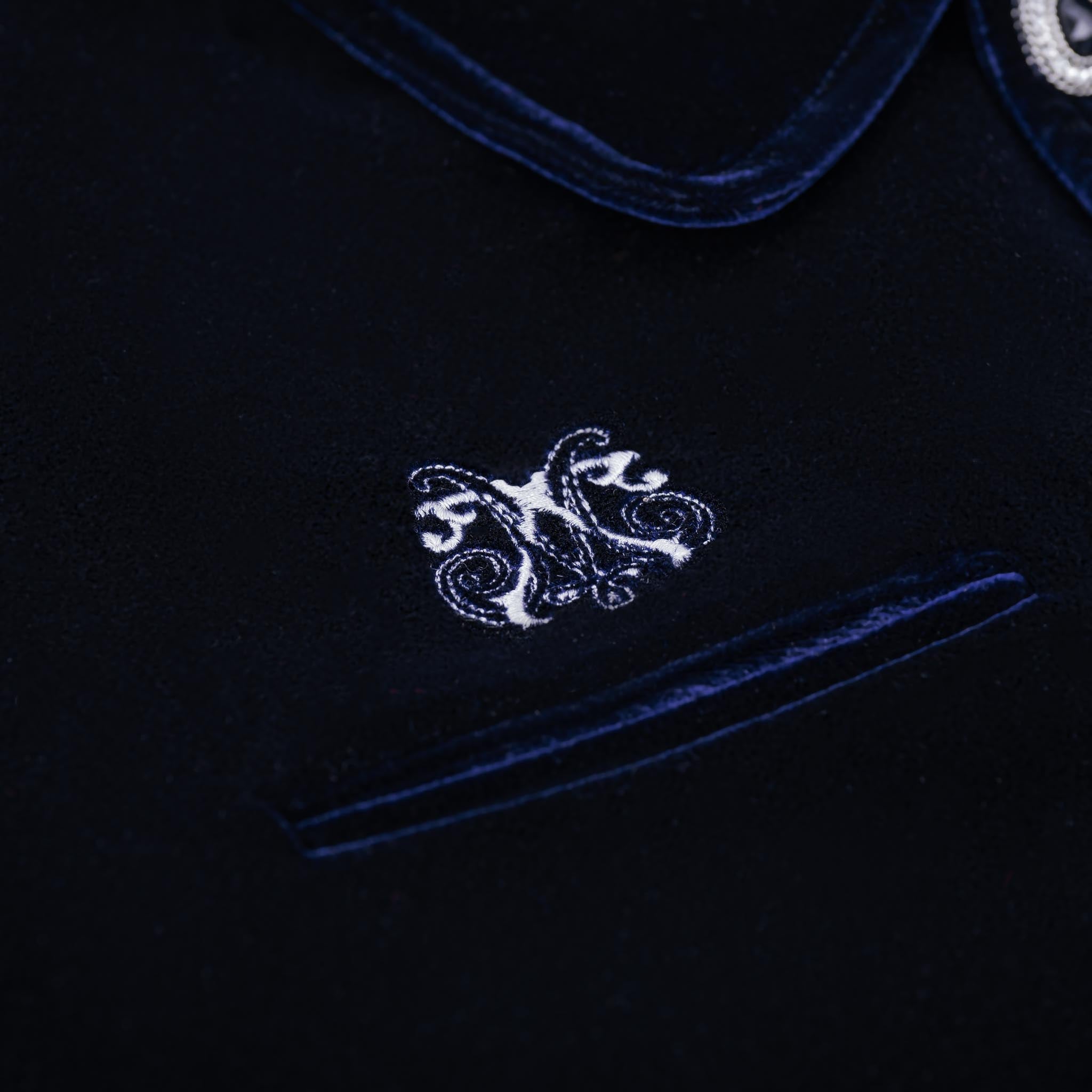 Navy Reverie Jacket |  Luxury Velvet Street Style Jacket, Signature Embroidered Decadent Bee