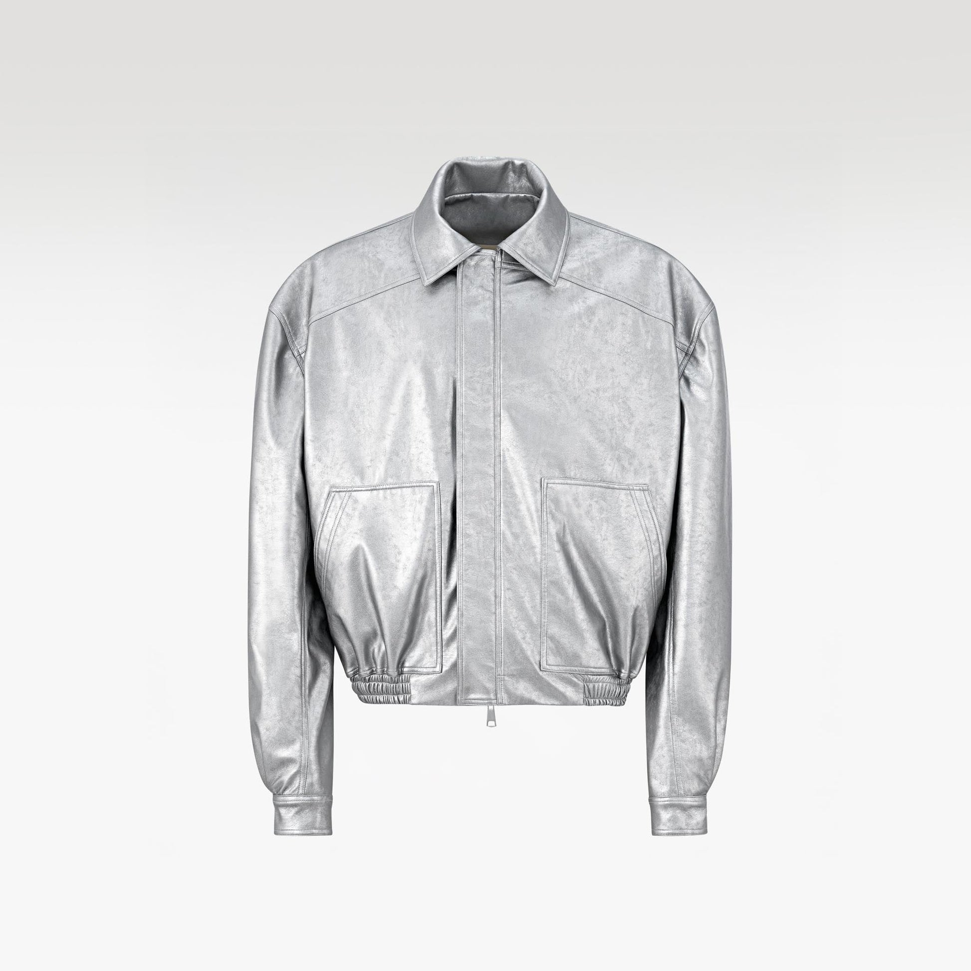The Soft Decree Faux Leather Jacket | Metallic Shimmer Oversized Bomber Shirt Collar Techwear