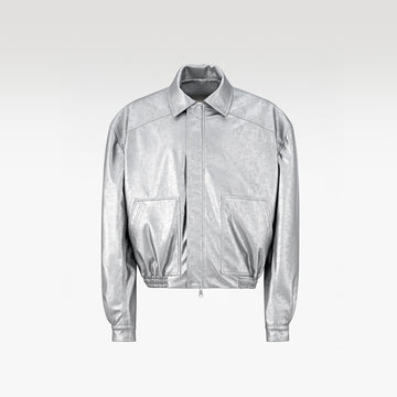 The Soft Decree Faux Leather Jacket | Metallic Shimmer Oversized Bomber Shirt Collar Techwear