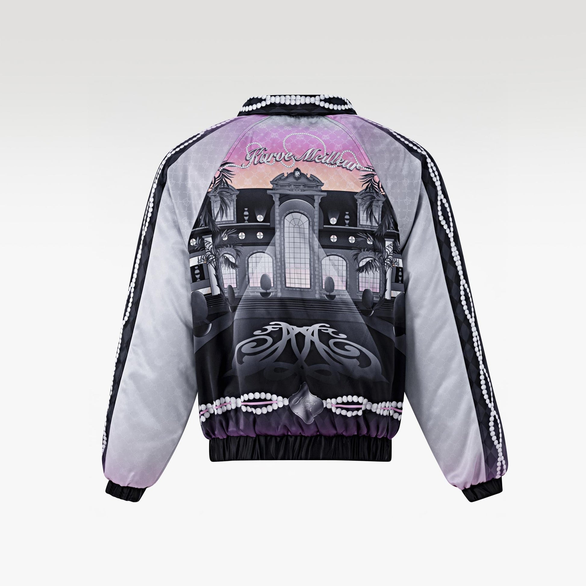 The Midnight Luxe Bomber Silk Jacket | Premium Silk Satin Tropical Twilight Scene Print