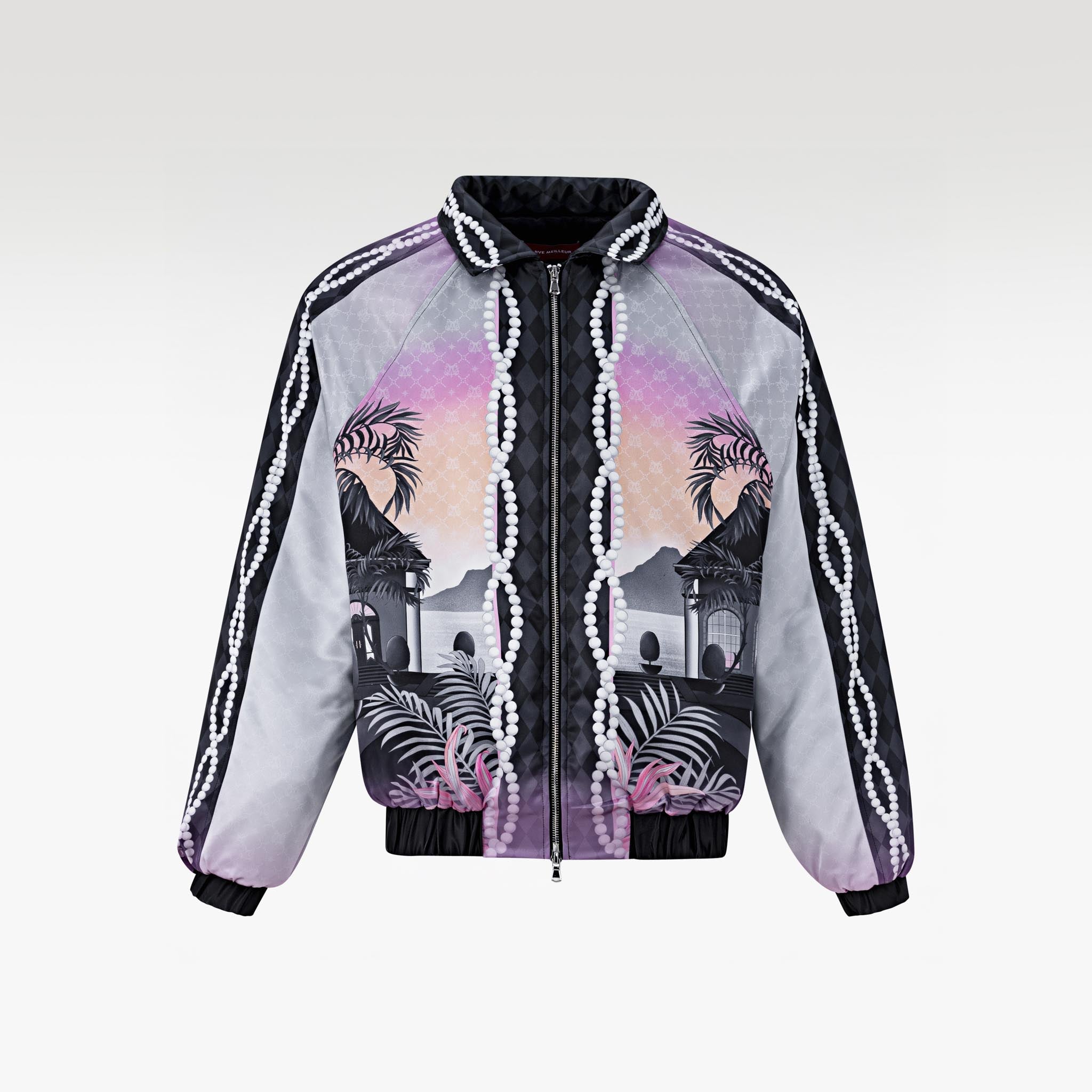 The Midnight Luxe Bomber Silk Jacket | Premium Silk Satin Tropical Twilight Scene Print