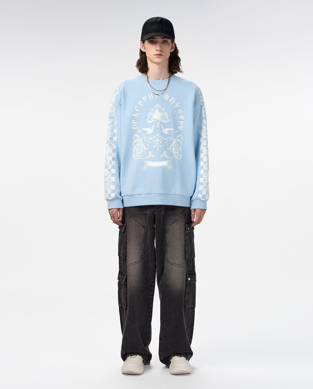 Gradient Long Sleeved Sweatshirt | Checkerboard Sleeve Accents Minimal Streetstyle
