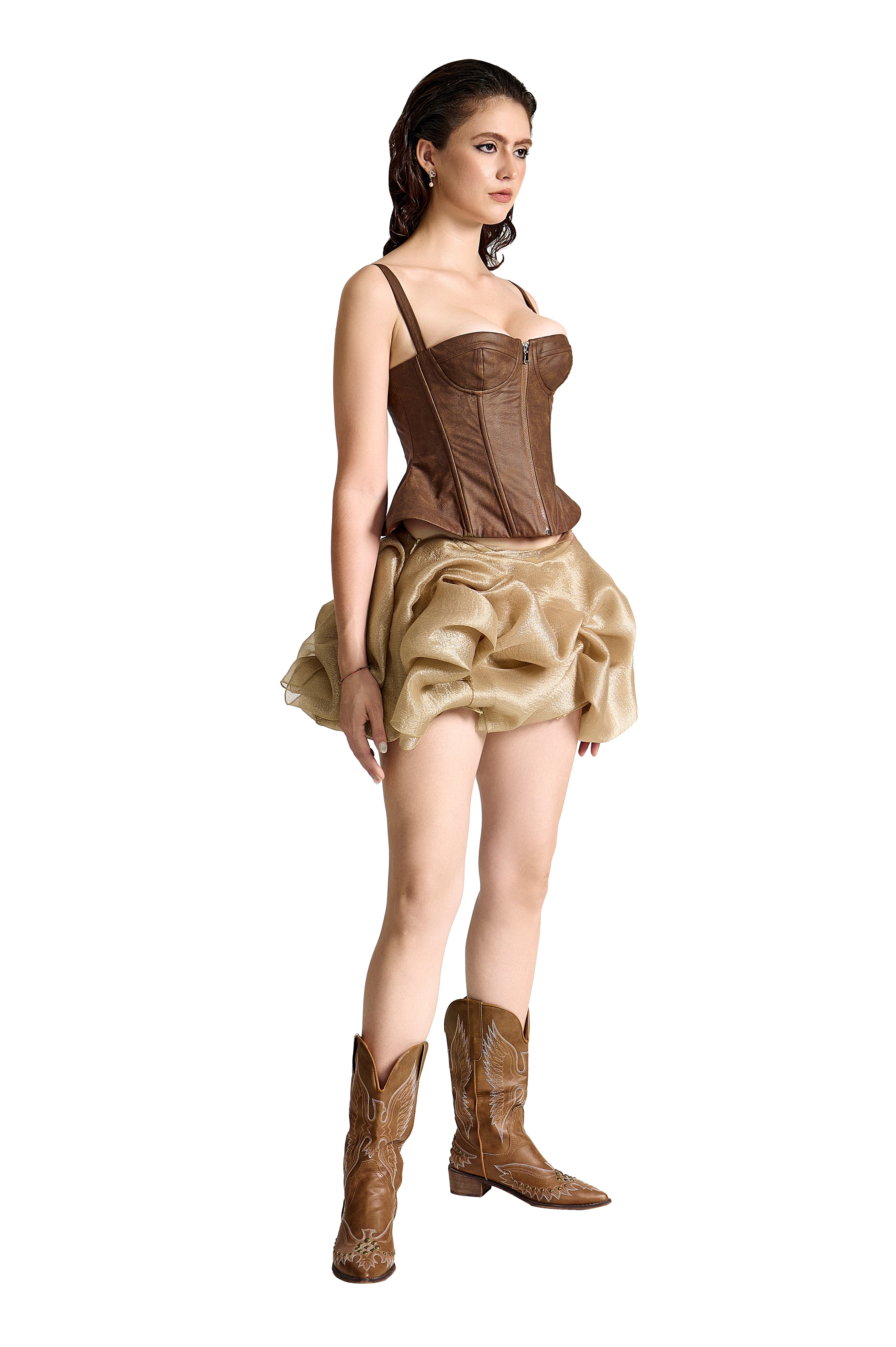 Sierra Faux Leather Corset | Premium Marbled Brown Luxury Peplum Top