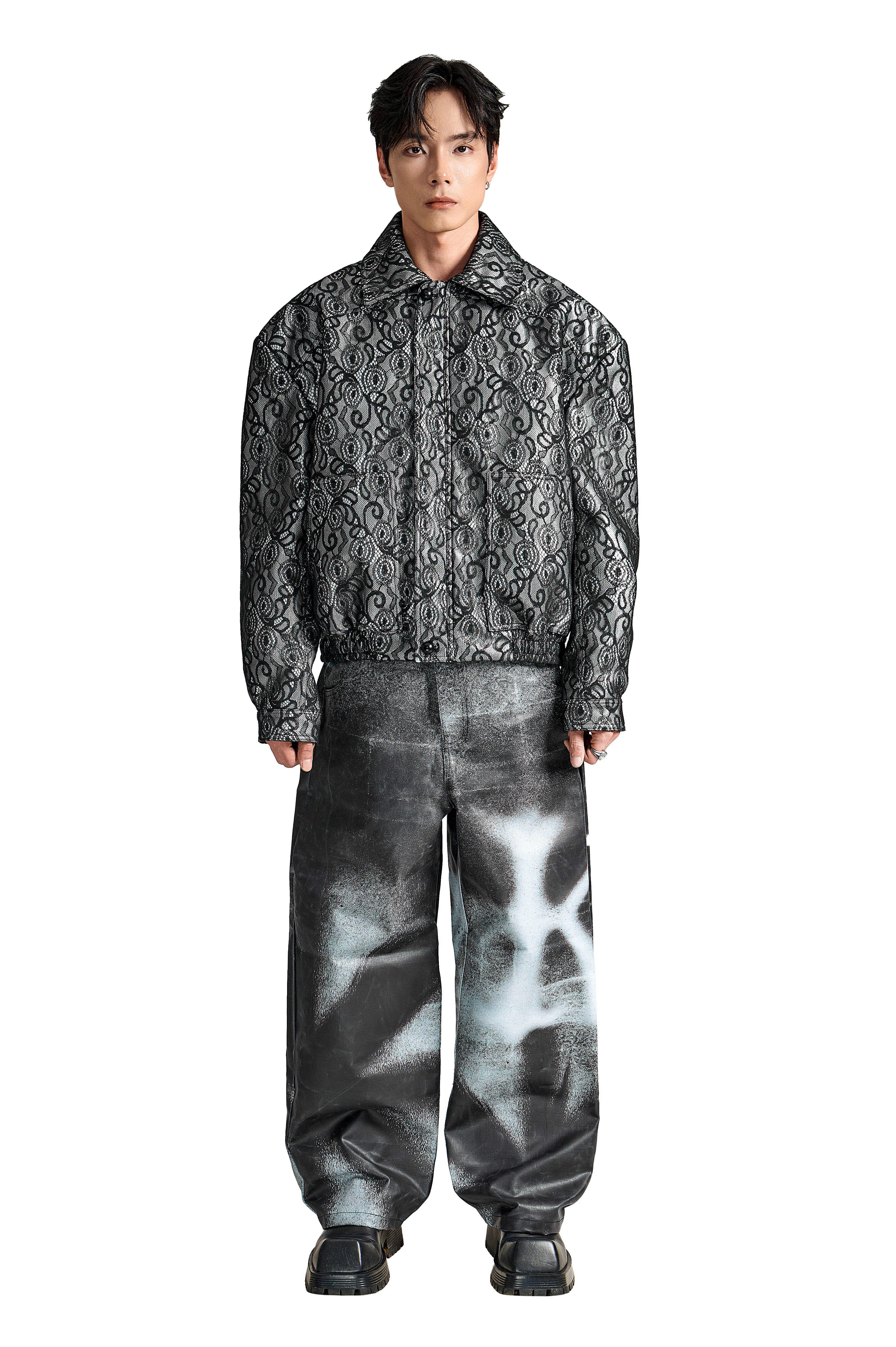 The Shadow Monarch Faux Leather Jacket | Dark Romantic Opulence Black Lace Overlay