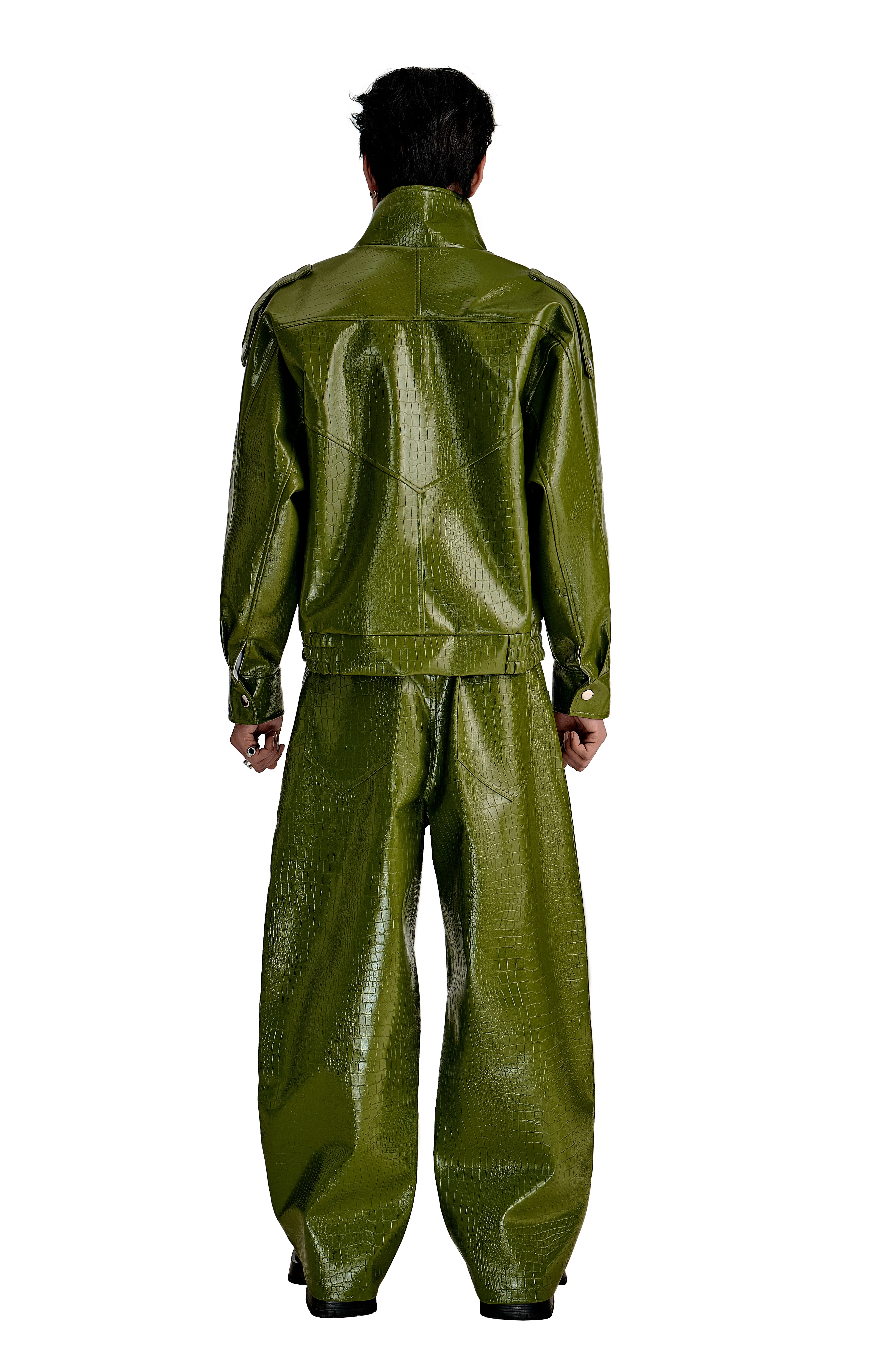 The Obsidian Cipher Faux Leather Jacket | Green Croc Faux Leather Fit