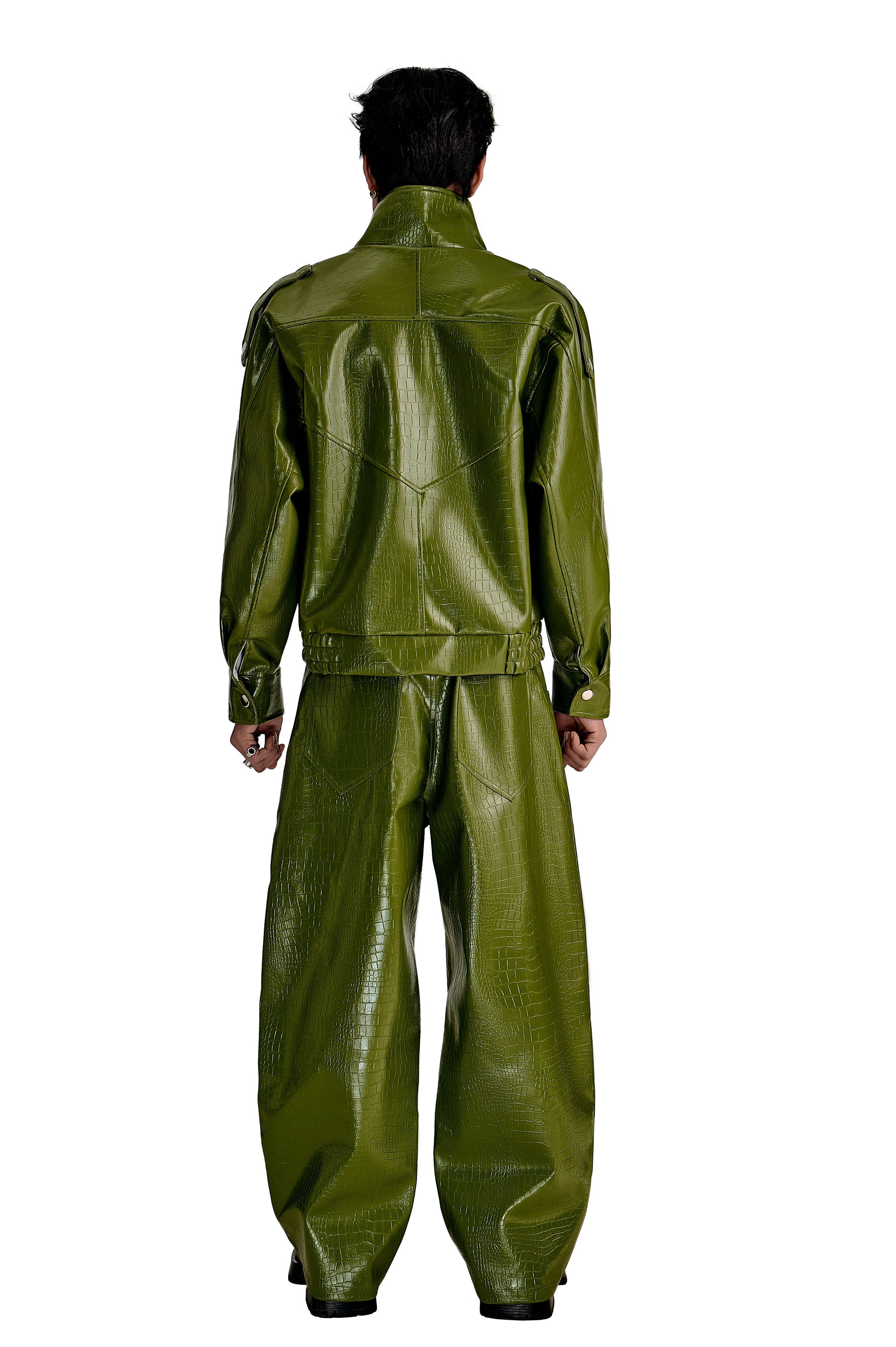 The Obsidian Cipher PU Leather Pants | Green Croc Faux Leather Fit