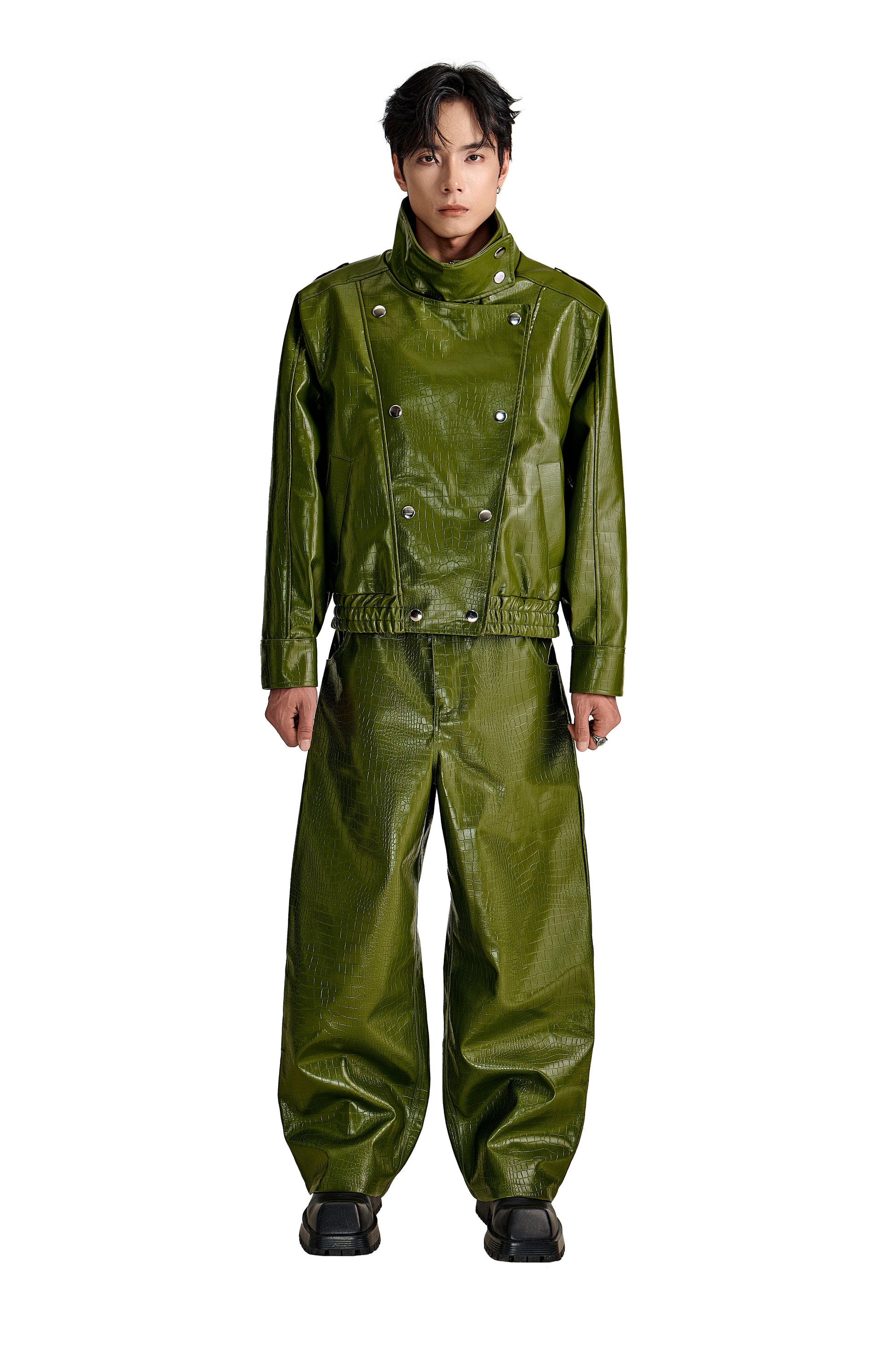 The Obsidian Cipher Faux Leather Jacket | Green Croc Faux Leather Fit