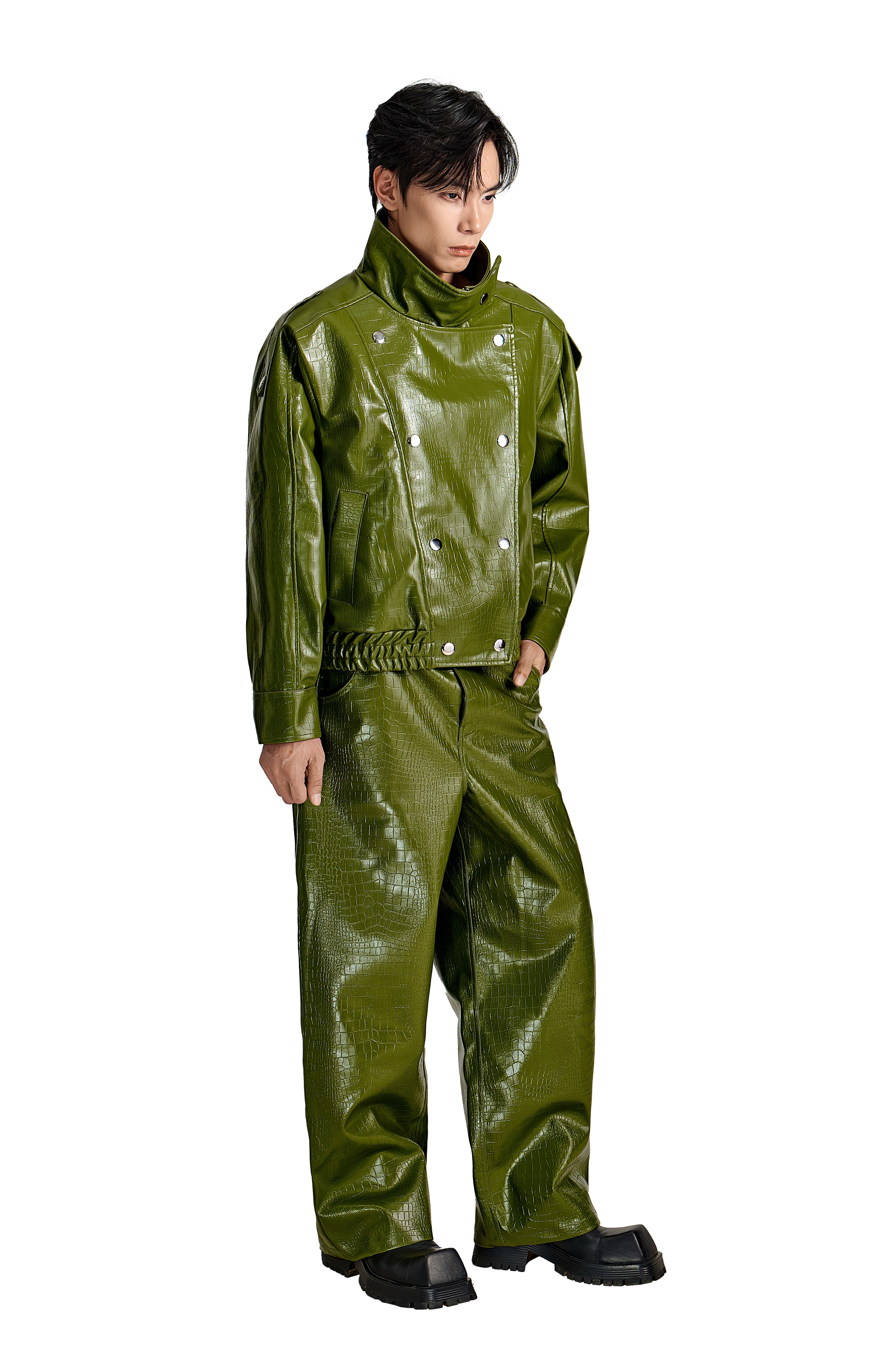 The Obsidian Cipher PU Leather Pants | Green Croc Faux Leather Fit