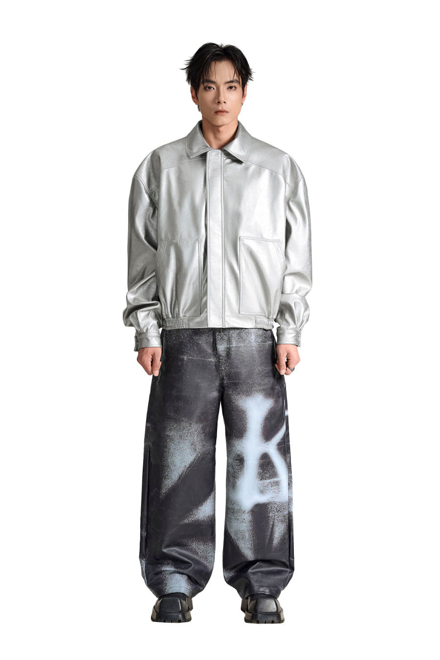 The Soft Decree Faux Leather Jacket | Metallic Shimmer Oversized Bomber Shirt Collar Techwear