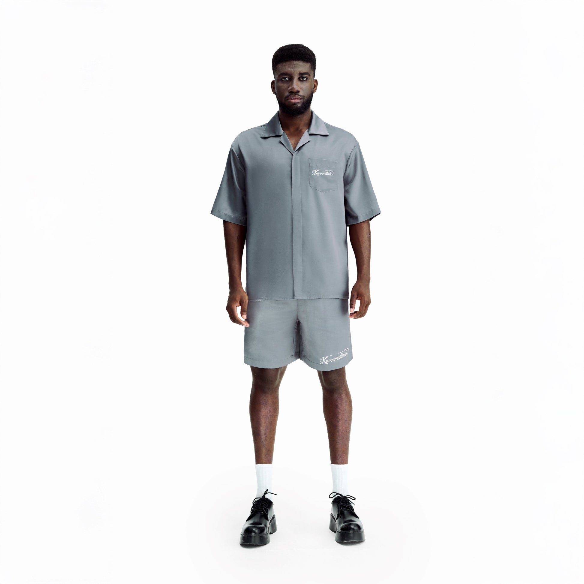 Silver Dust Silk Shirt | Premium Printed Silk Taffeta Cuban Collar Short Sleeve Minimalist Slogan