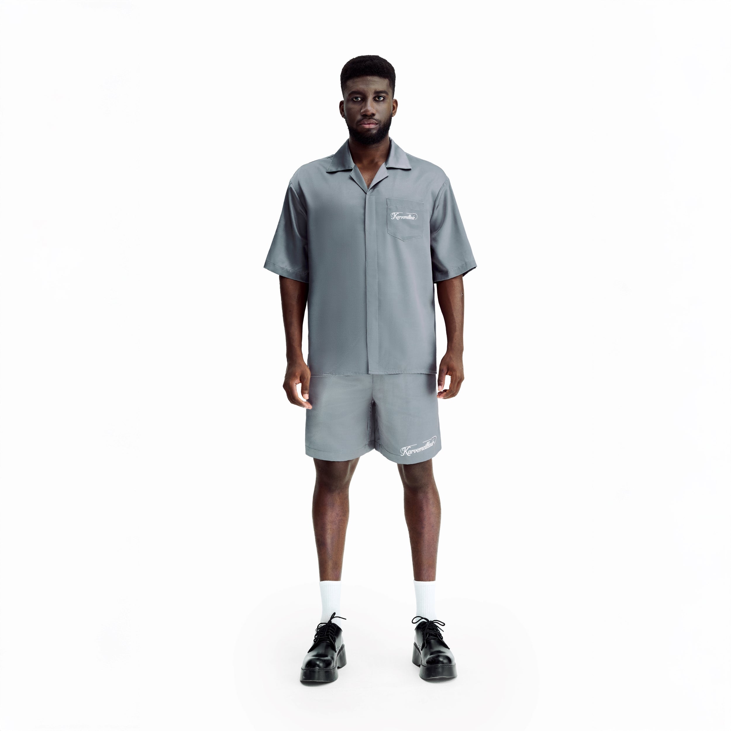 Silver Dust Silk Shirt | Premium Printed Silk Taffeta Cuban Collar Short Sleeve Minimalist Slogan