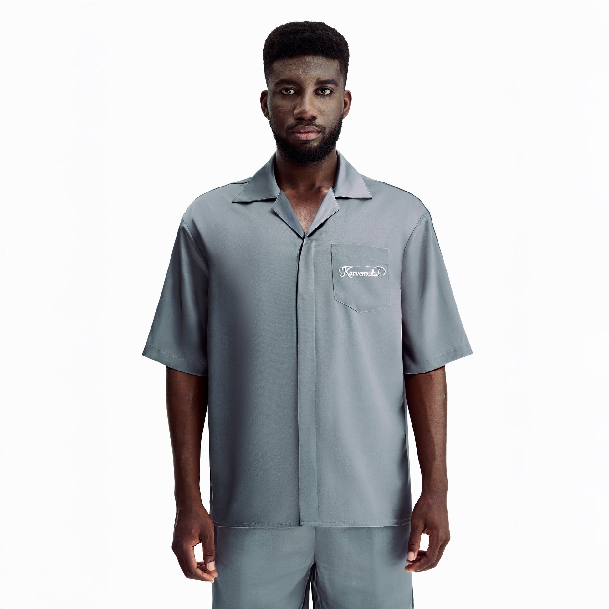 Silver Dust Silk Shirt | Premium Printed Silk Taffeta Cuban Collar Short Sleeve Minimalist Slogan