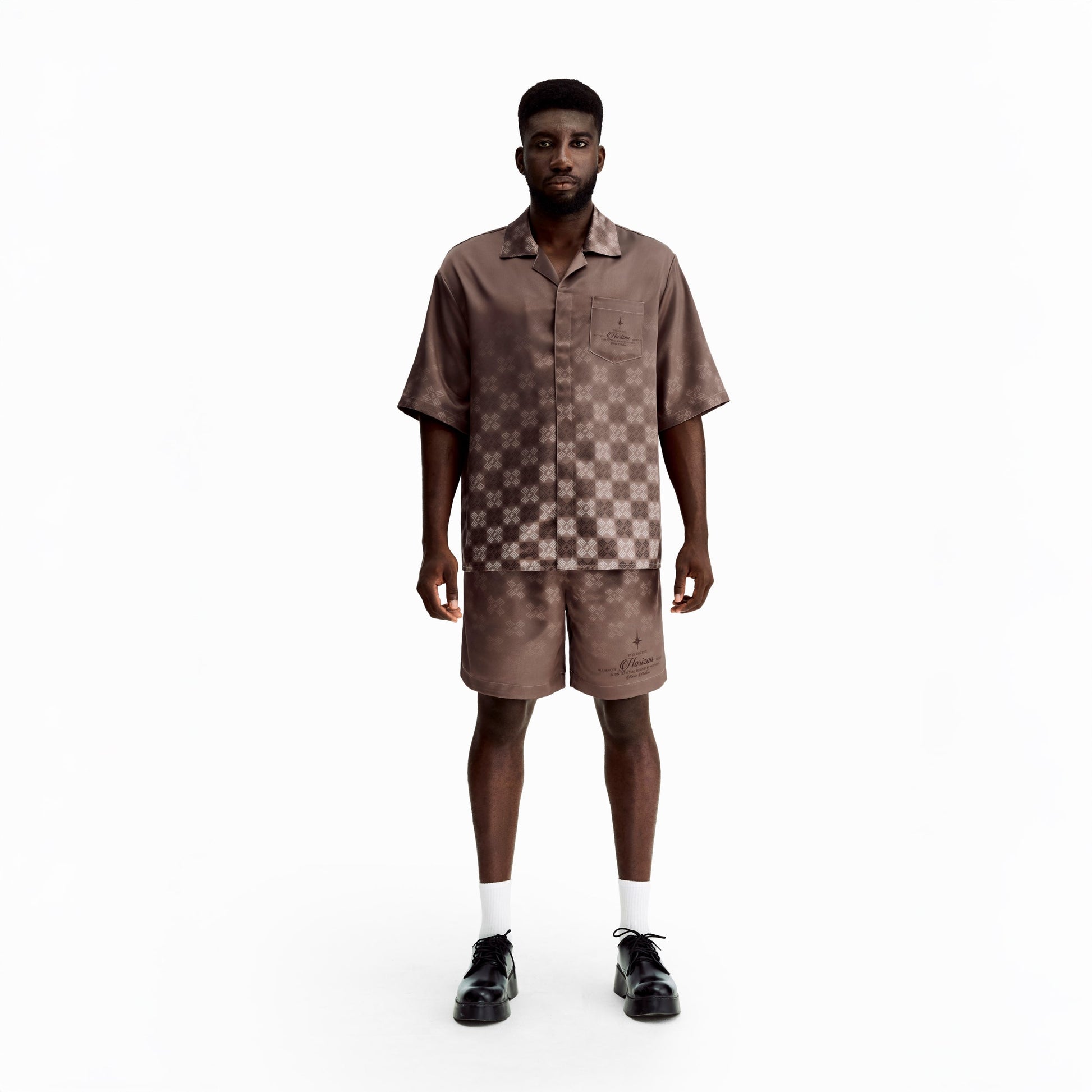 Clay Horizon Silk Shirt | Printed Silk Short-Sleeve Luxury Blurred Monogram