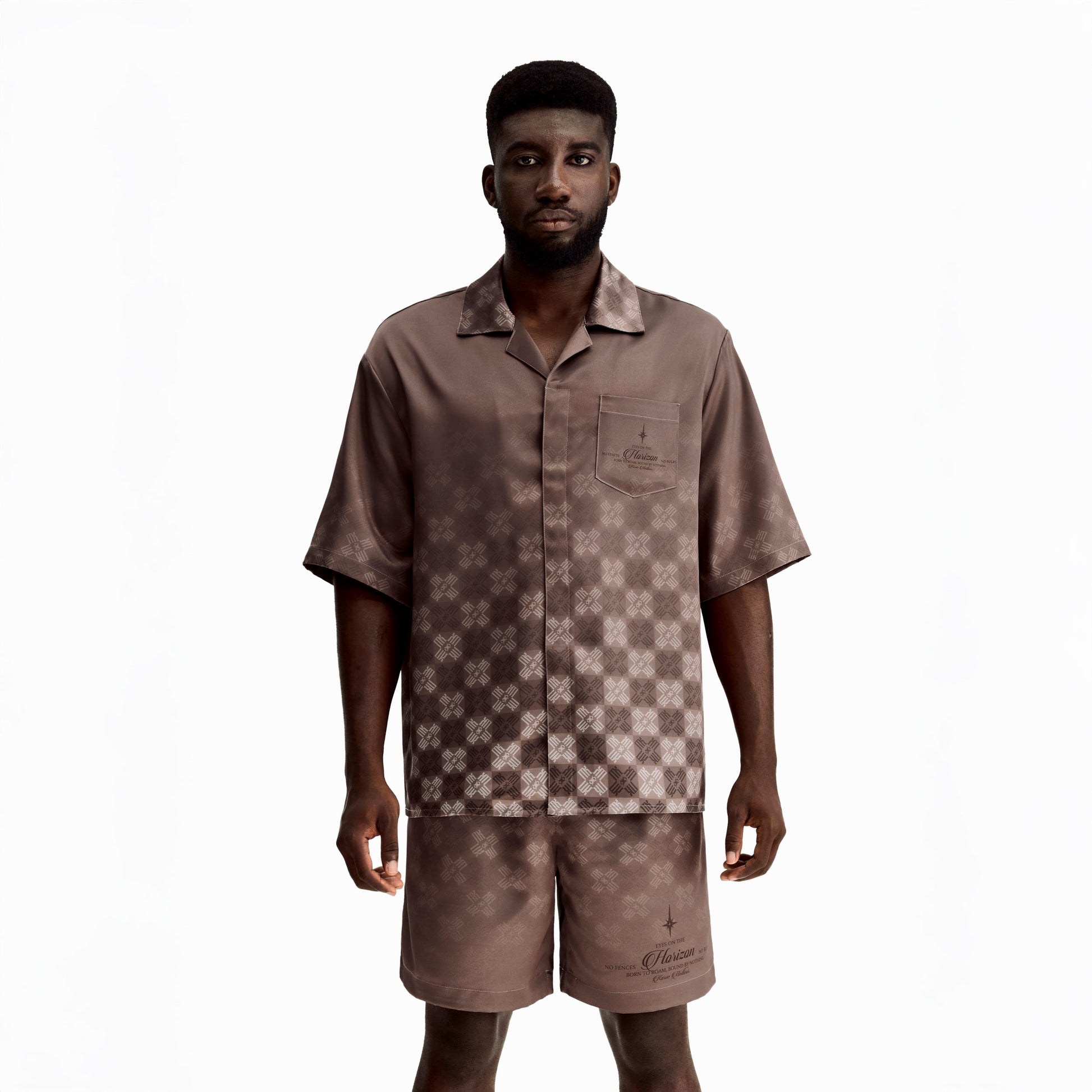 Clay Horizon Silk Shirt | Printed Silk Short-Sleeve Luxury Blurred Monogram