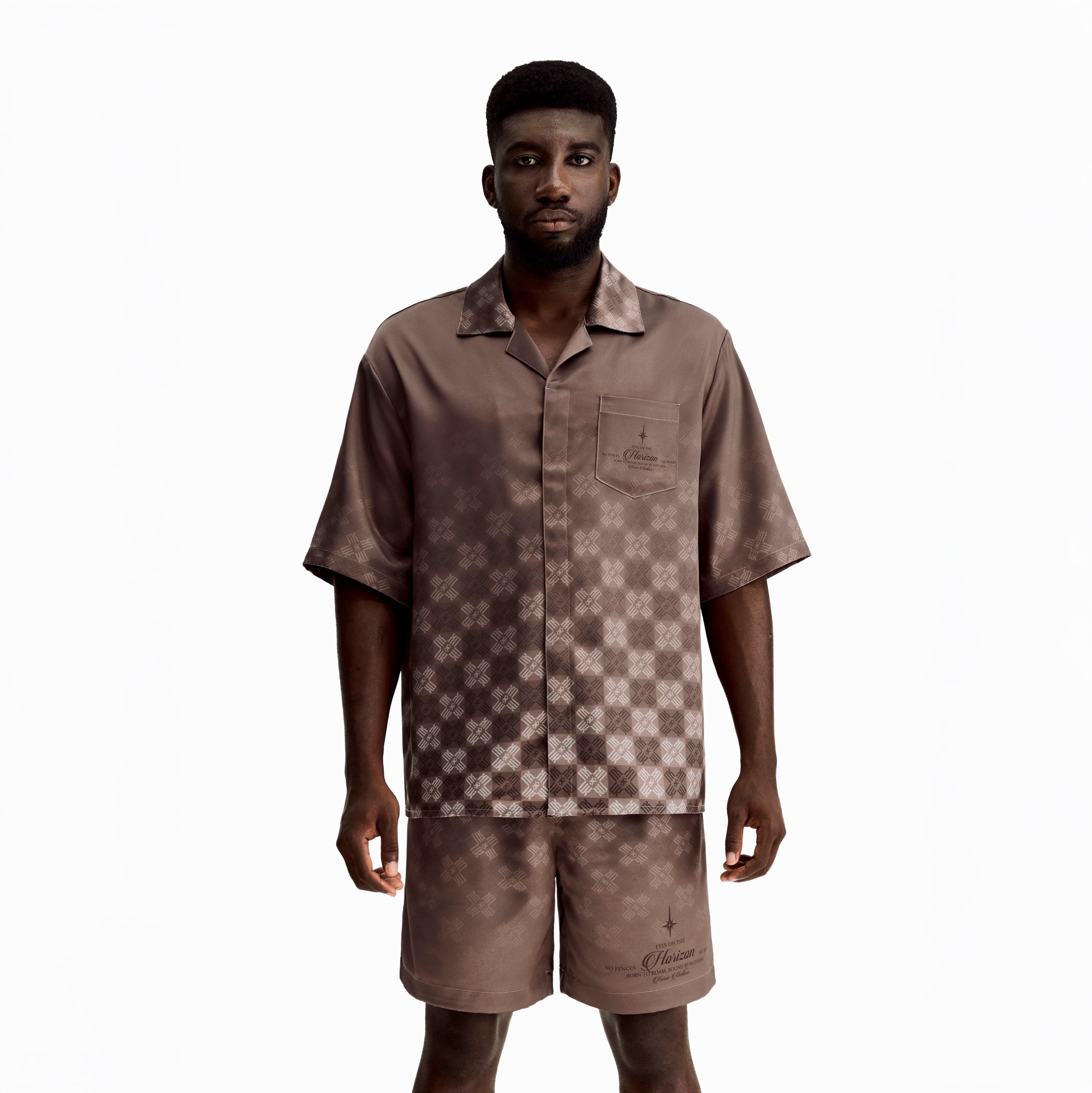 Clay Horizon Silk Shirt | Printed Silk Short-Sleeve Luxury Blurred Monogram