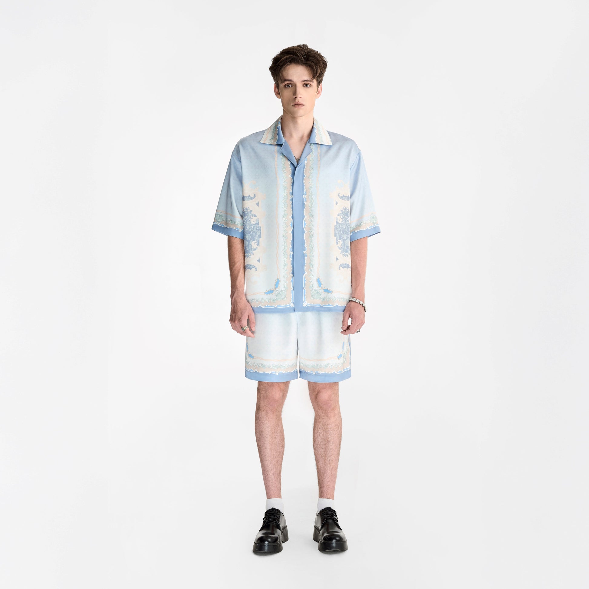 Rocaille Marine Silk Shorts | Premium Printed Silk Taffeta Baroque Ocean Grandeur Blue Pearl