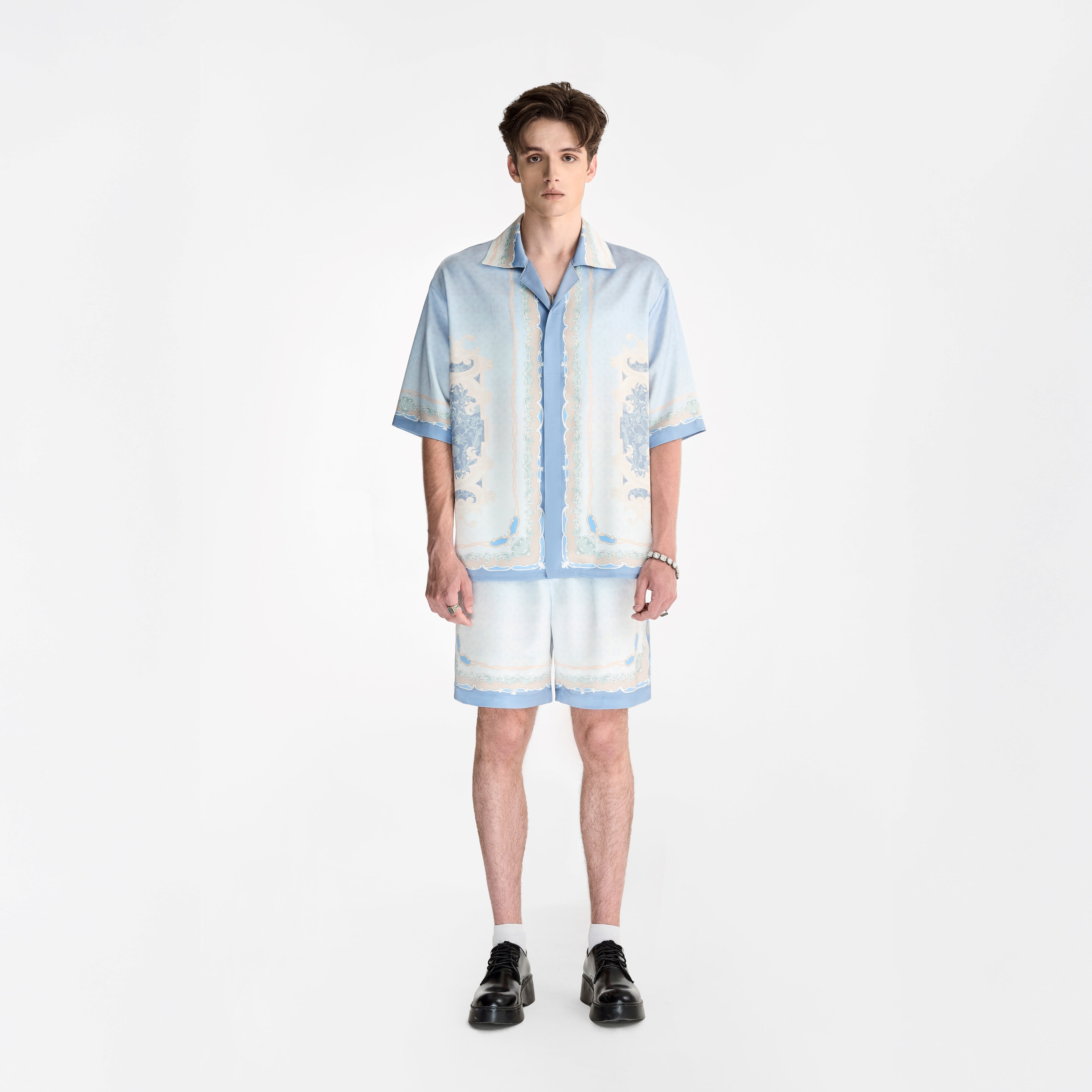 Rocaille Marine Silk Shorts | Premium Printed Silk Taffeta Baroque Ocean Grandeur Blue Pearl