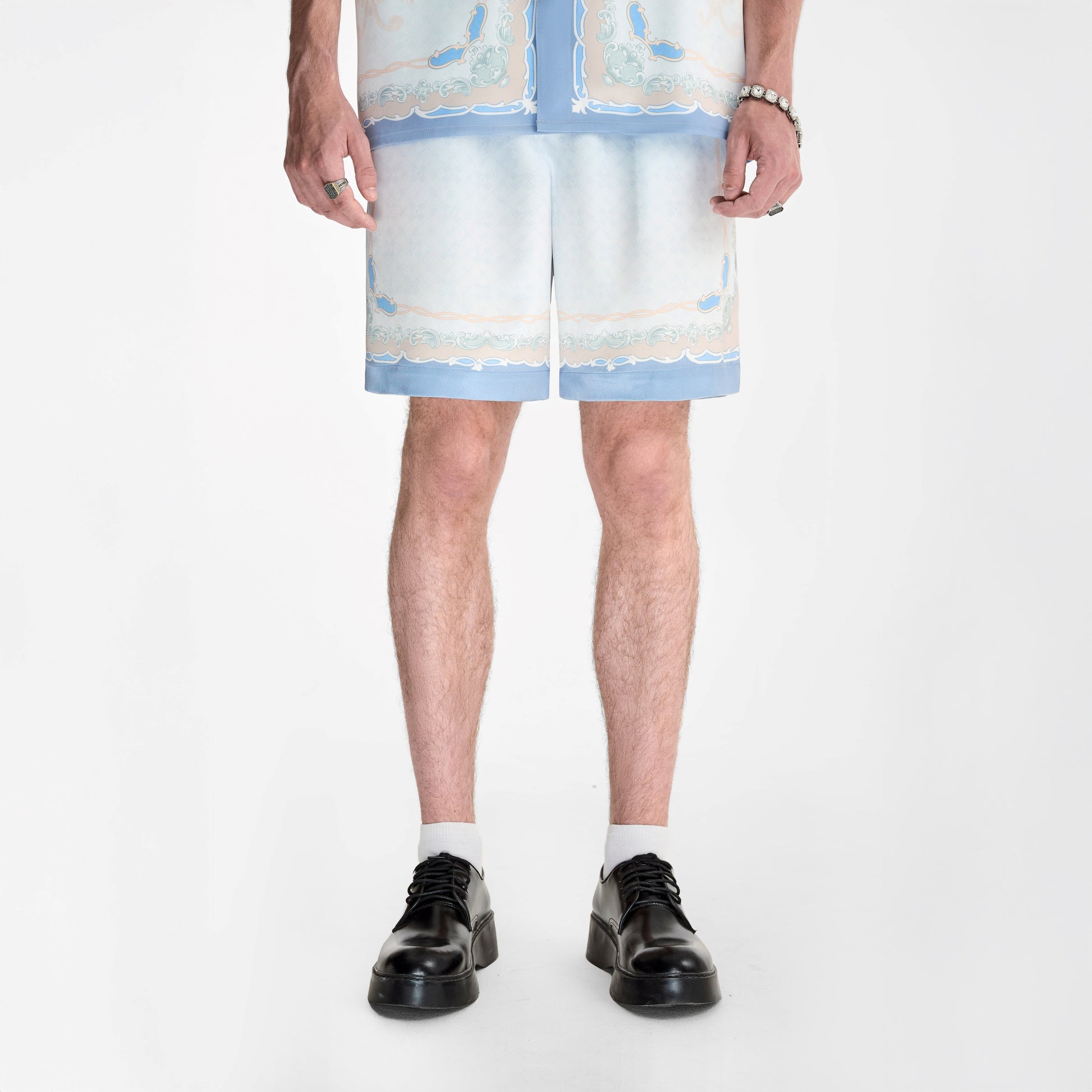 Rocaille Marine Silk Shorts | Premium Printed Silk Taffeta Baroque Ocean Grandeur Blue Pearl