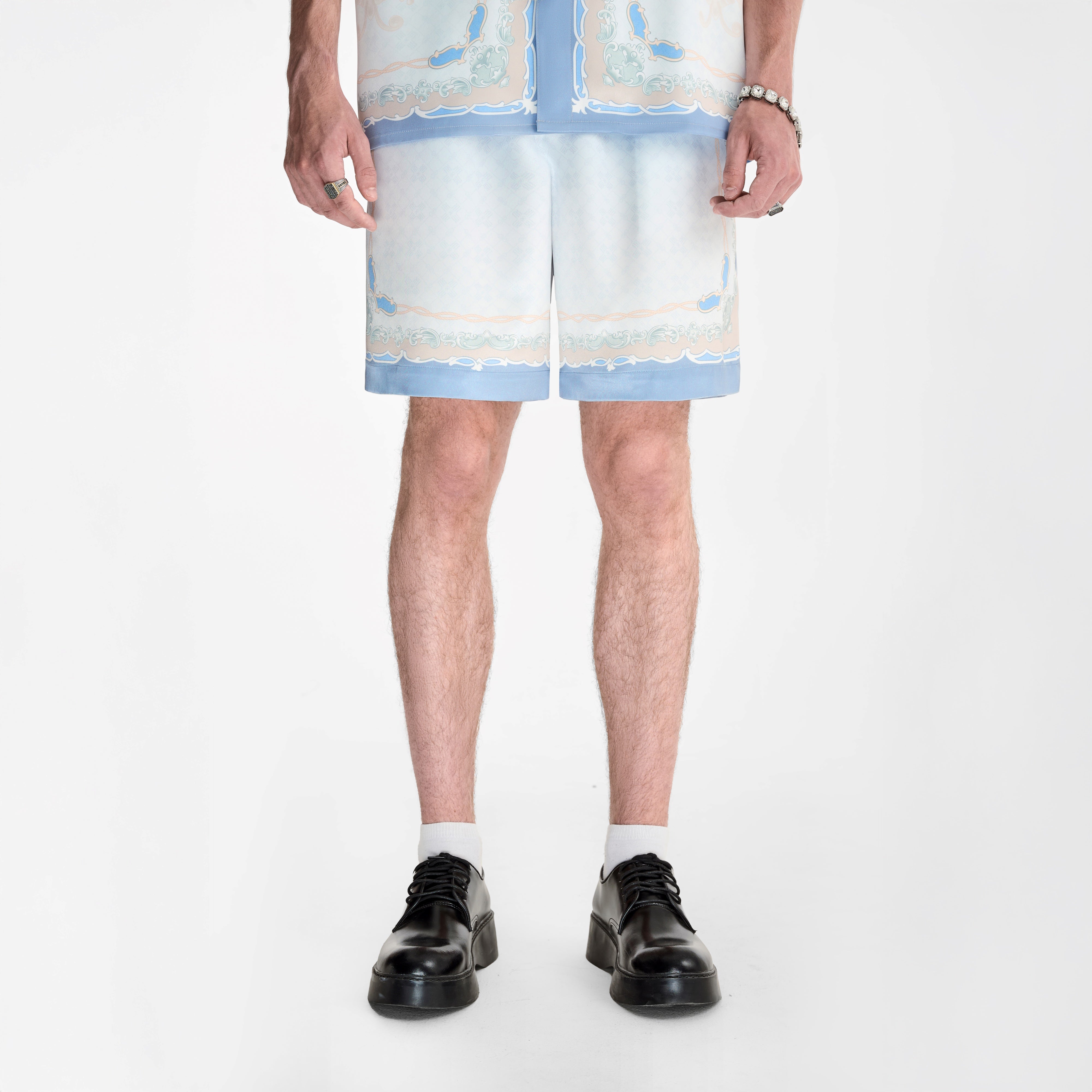 Rocaille Marine Silk Shorts | Premium Printed Silk Taffeta Baroque Ocean Grandeur Blue Pearl