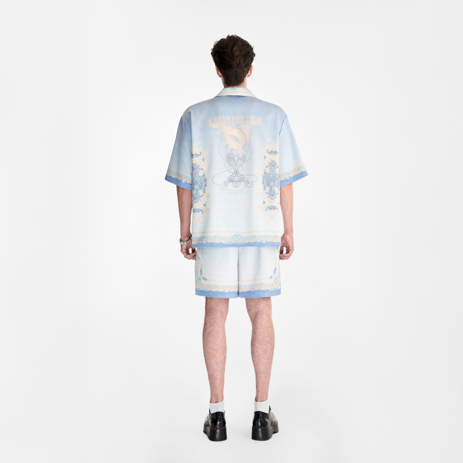 Rocaille Marine Silk Shorts | Premium Printed Silk Taffeta Baroque Ocean Grandeur Blue Pearl