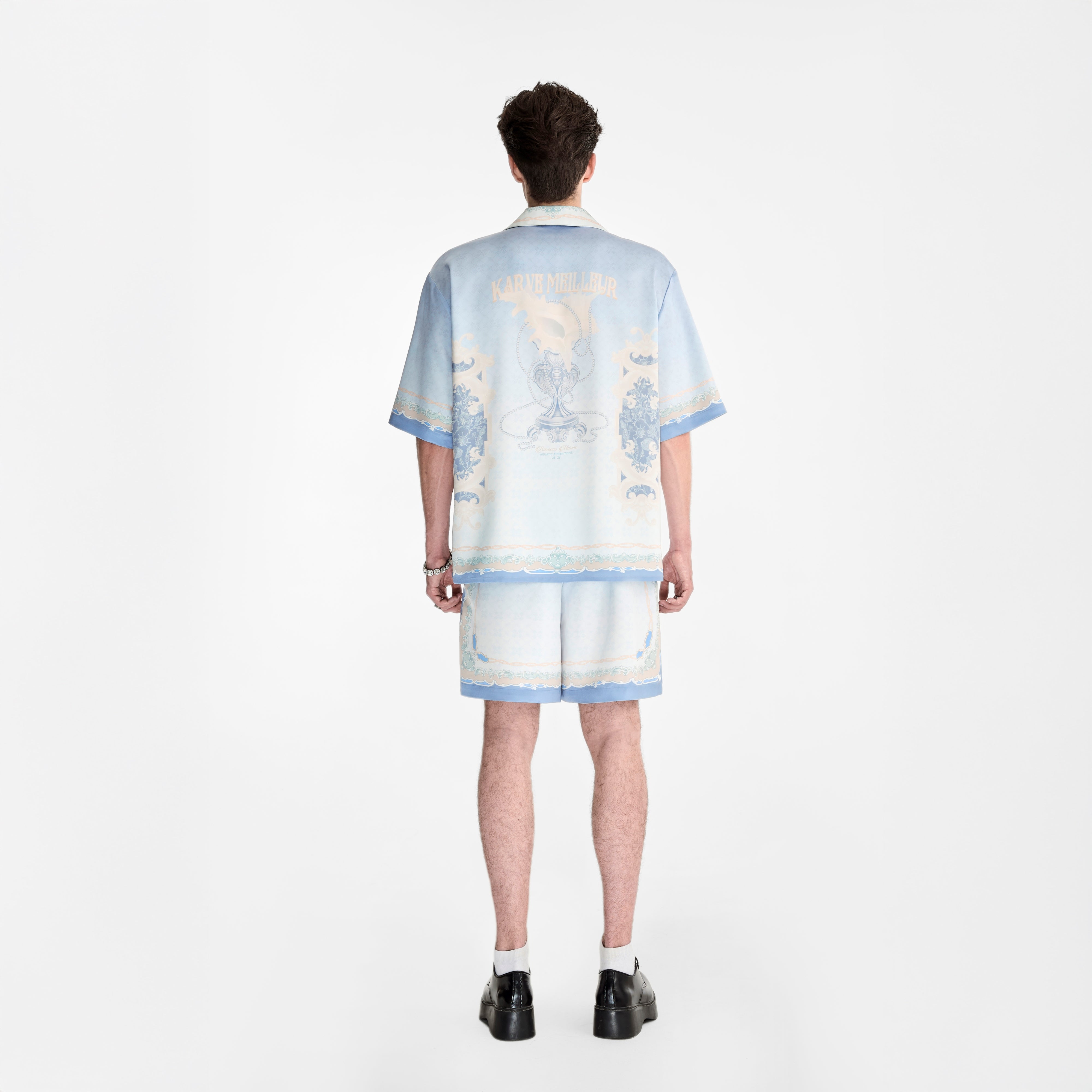 Rocaille Marine Silk Shorts | Premium Printed Silk Taffeta Baroque Ocean Grandeur Blue Pearl