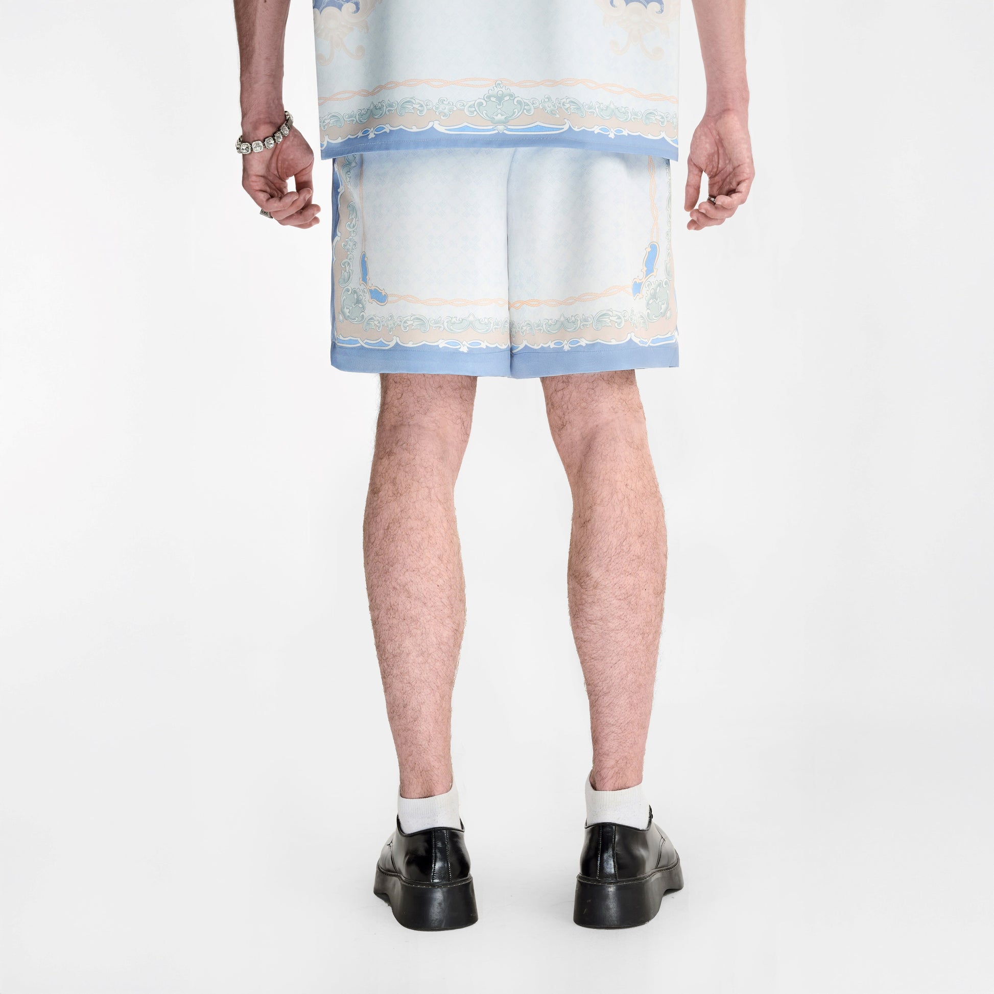 Rocaille Marine Silk Shorts | Premium Printed Silk Taffeta Baroque Ocean Grandeur Blue Pearl