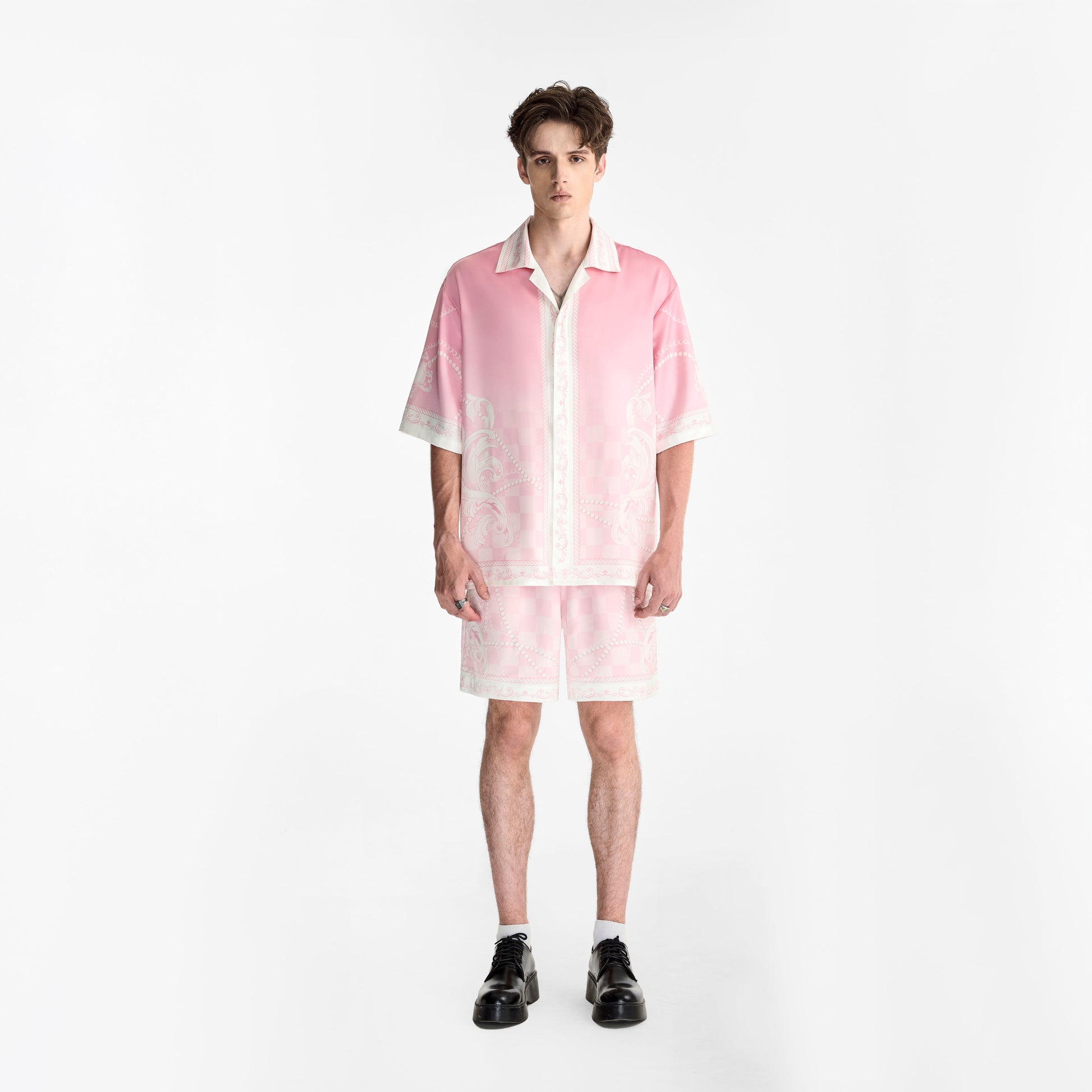Epiphany Silk Shirt | Premium Printed Silk Cuban Collar Baroque Checkerboard Gradient Pink