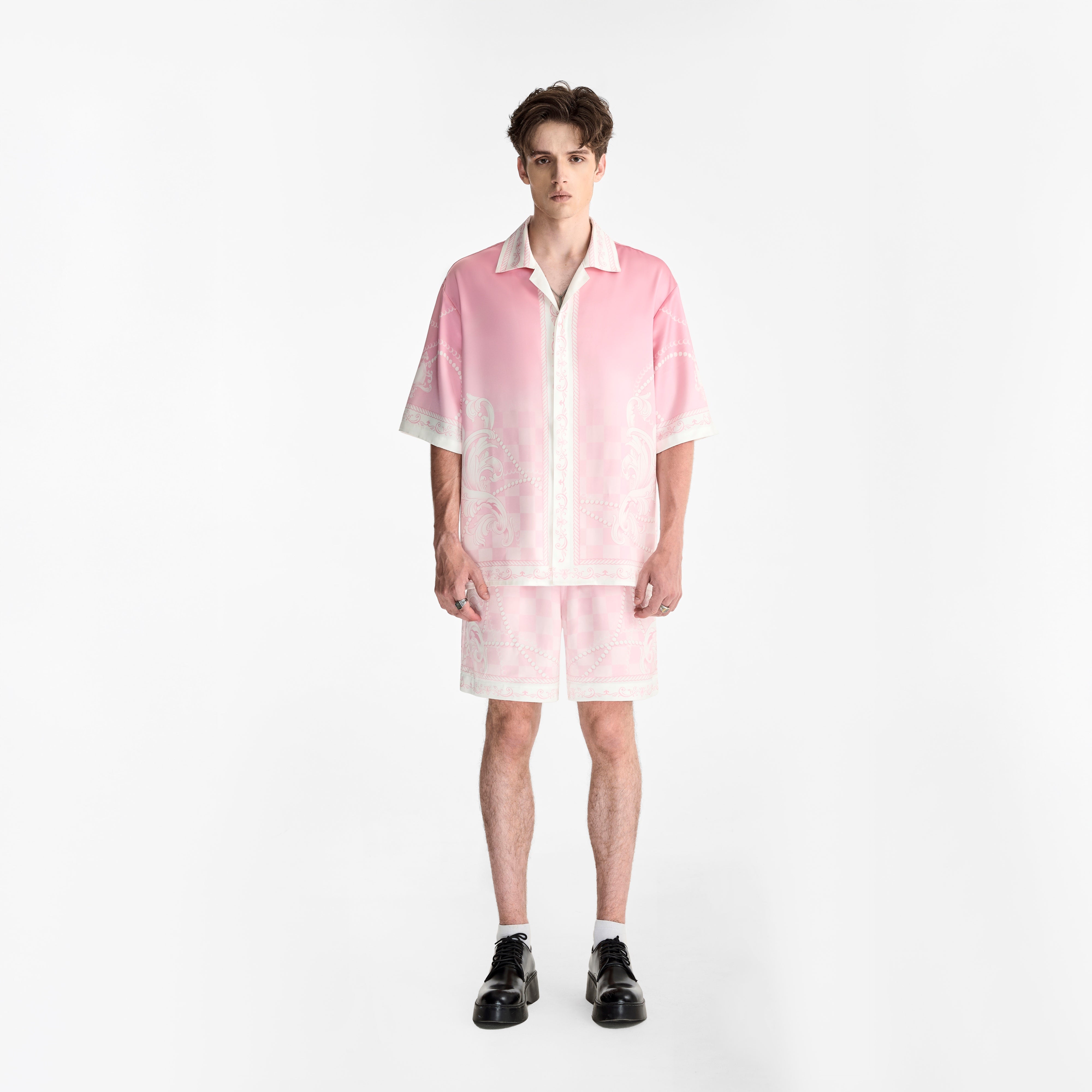 Epiphany Silk Shirt | Premium Printed Silk Cuban Collar Baroque Checkerboard Gradient Pink