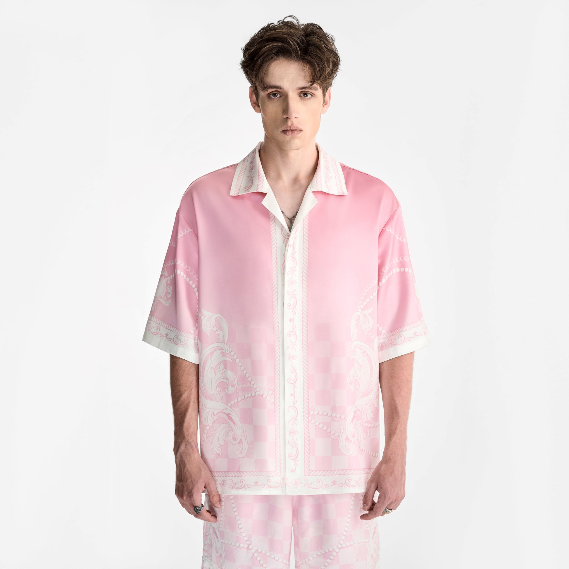 Epiphany Silk Shirt | Premium Printed Silk Cuban Collar Baroque Checkerboard Gradient Pink