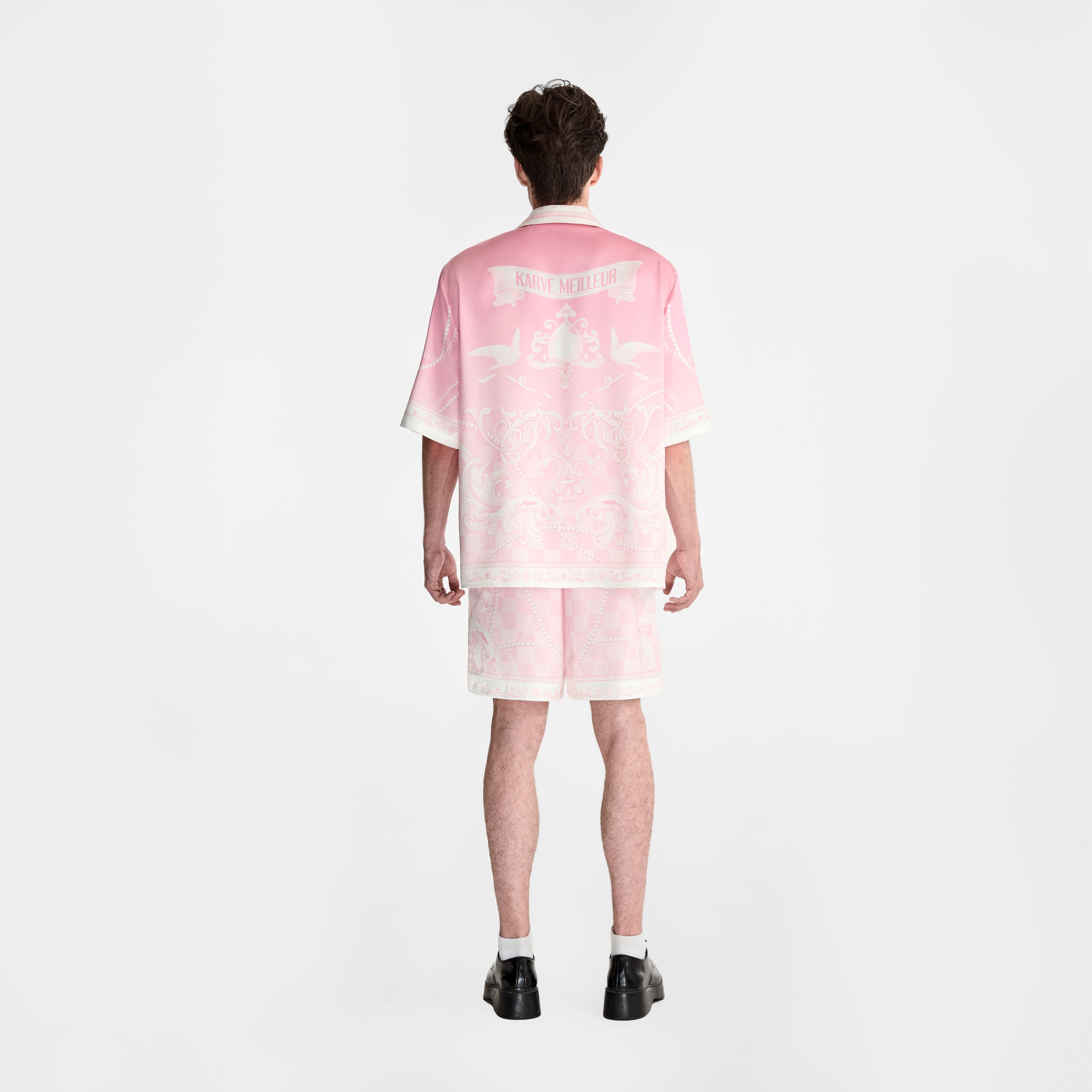 Epiphany Silk Shirt | Premium Printed Silk Cuban Collar Baroque Checkerboard Gradient Pink