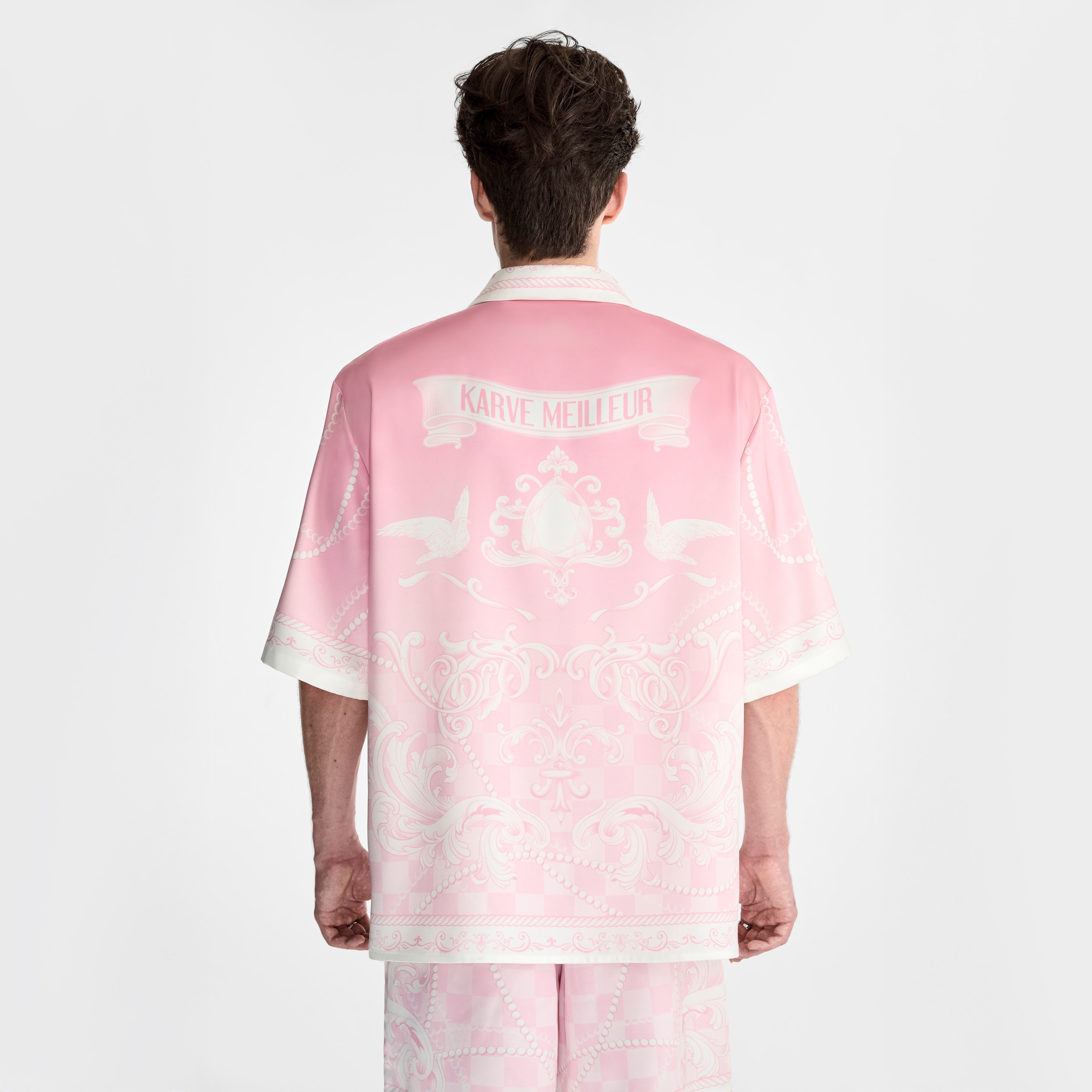 Epiphany Silk Shirt | Premium Printed Silk Cuban Collar Baroque Checkerboard Gradient Pink